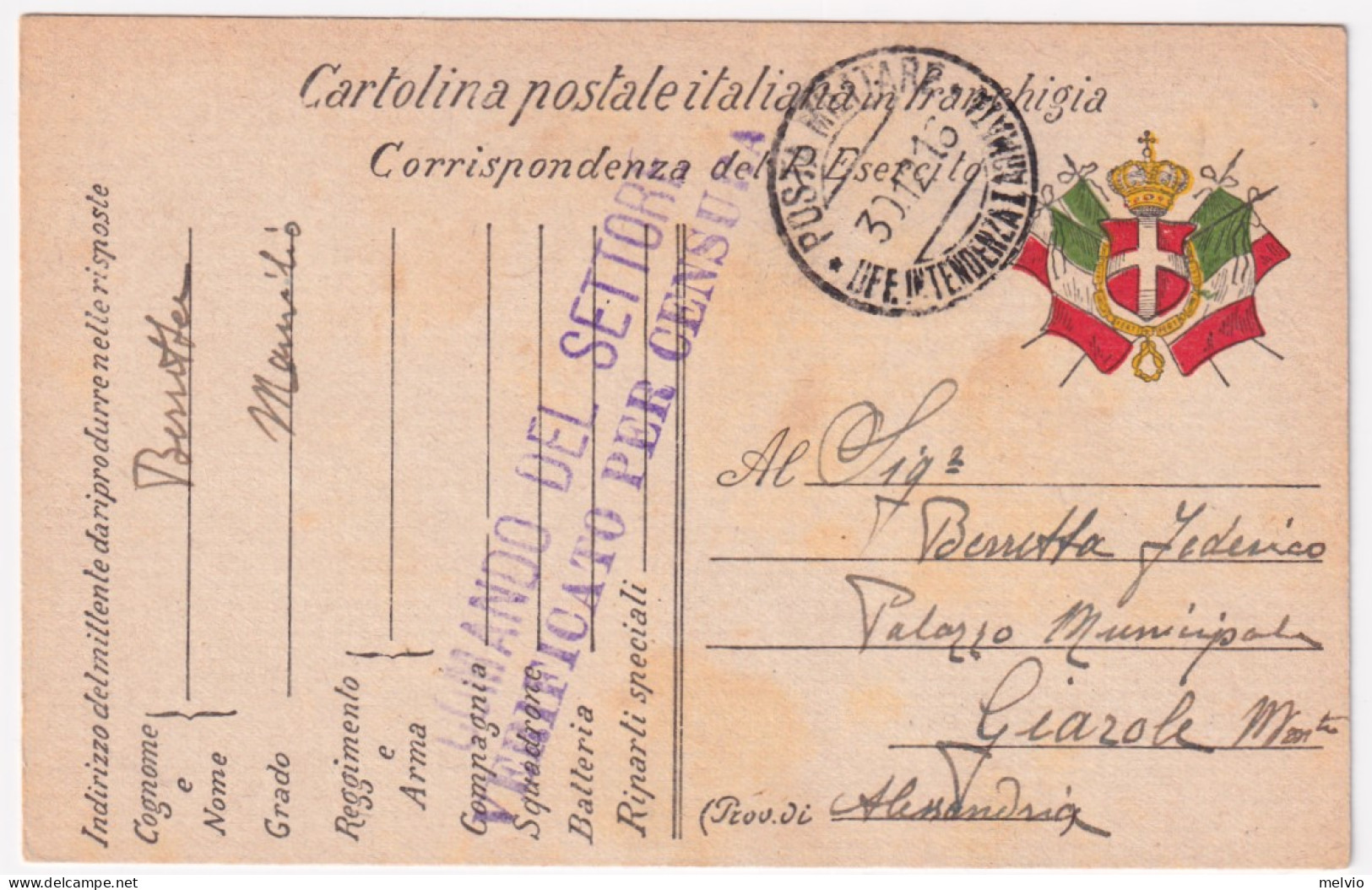 1916-Posta Militare/UFF. INTENDENZA I ARMATA C.2 (31.12) Su Cartolina Franchigia - Marcofilía