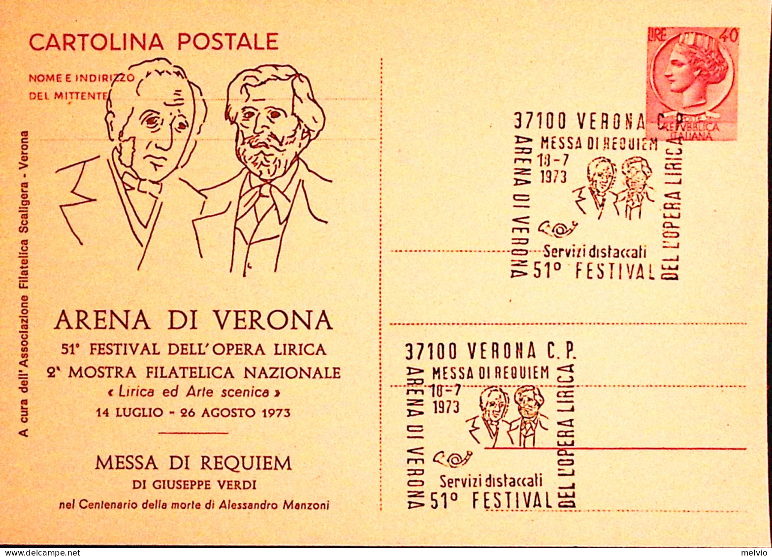 1973-VERONA 51 Festival Opera Lirica Messa Da Requiem Soprastampa Su Cartolina P - Verona