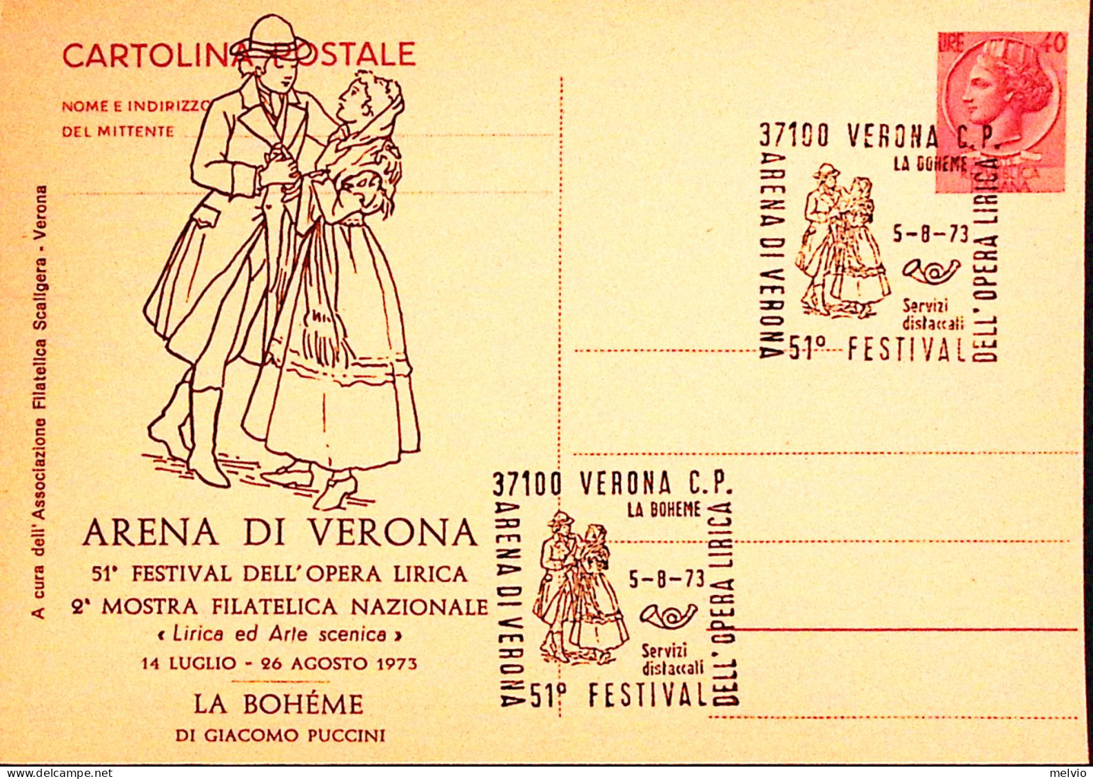 1973-VERONA 51 Festival Opera Lirica La Boheme Soprastampa Su Cartolina Postale  - Verona