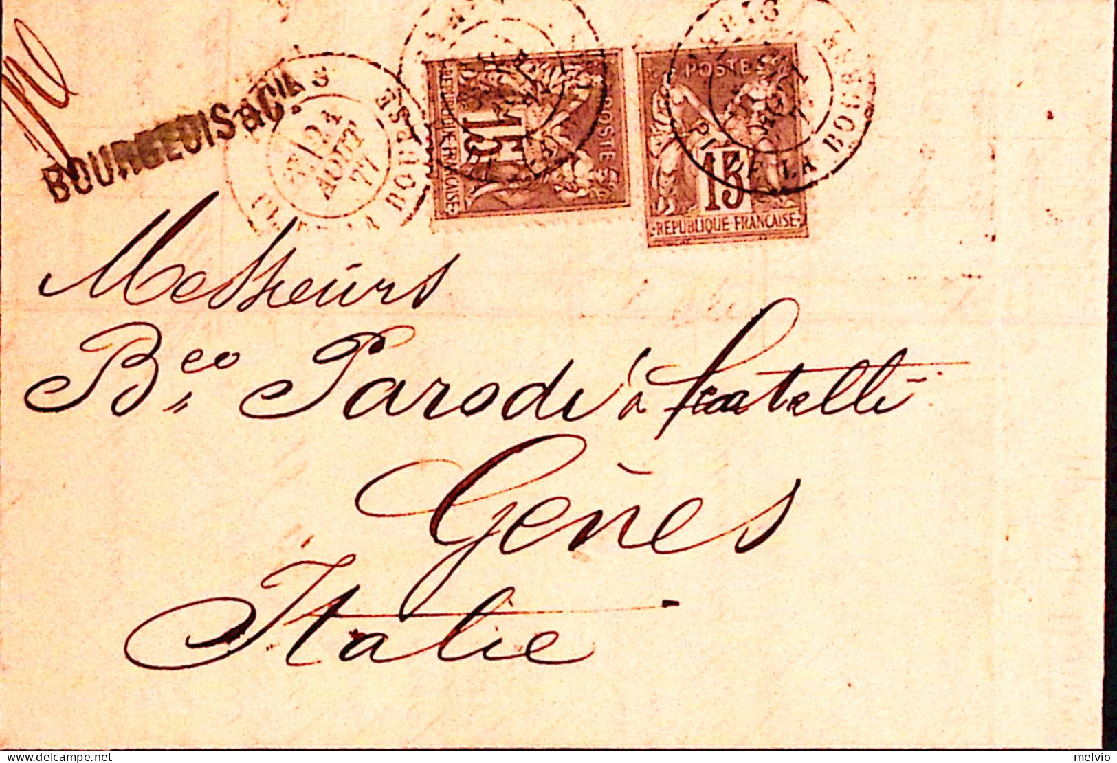 1877-Francia Sage Due C.15 Su Lettera Completa Testo Parigi (24.8) Per L'Italia - Altri & Non Classificati