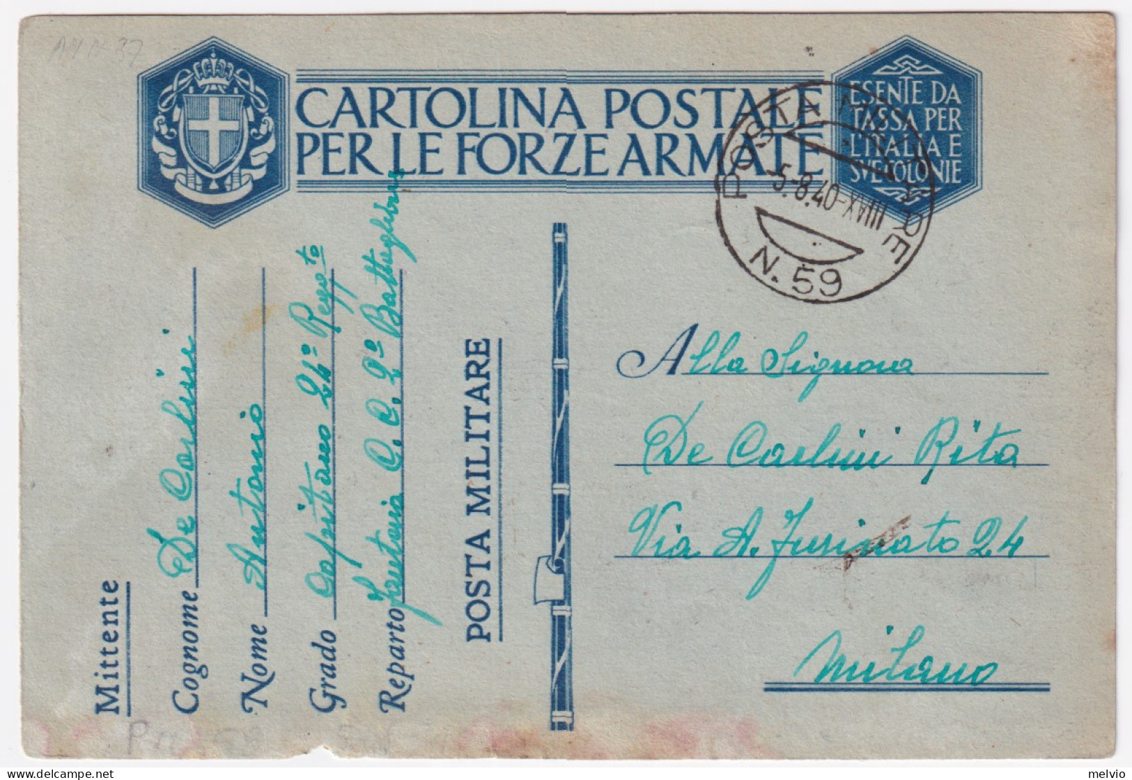 1940-Posta Militare/n. 59 C.2 (5.8) Su Cartolina Franchigia - Marcofilía