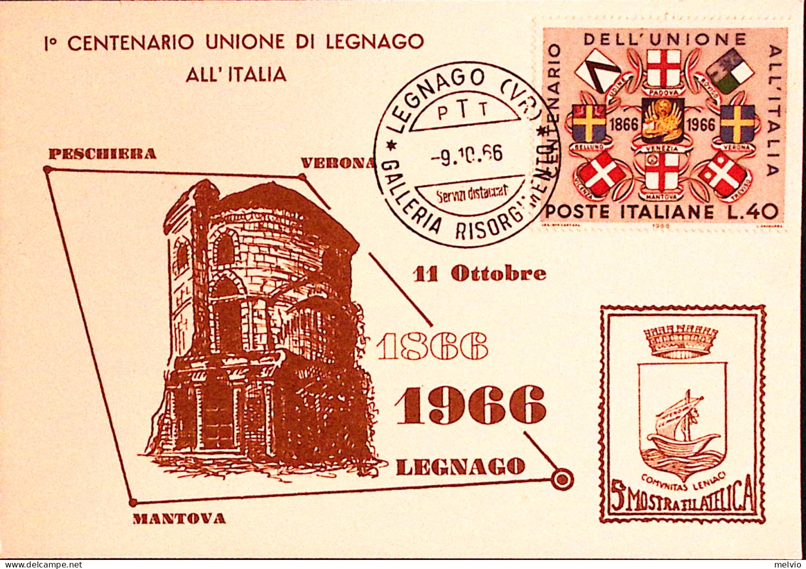 1966-LEGNAGO Galleria Risorgimento (9.10) Annullo Speciale Su Cartolina - 1961-70: Marcophilie