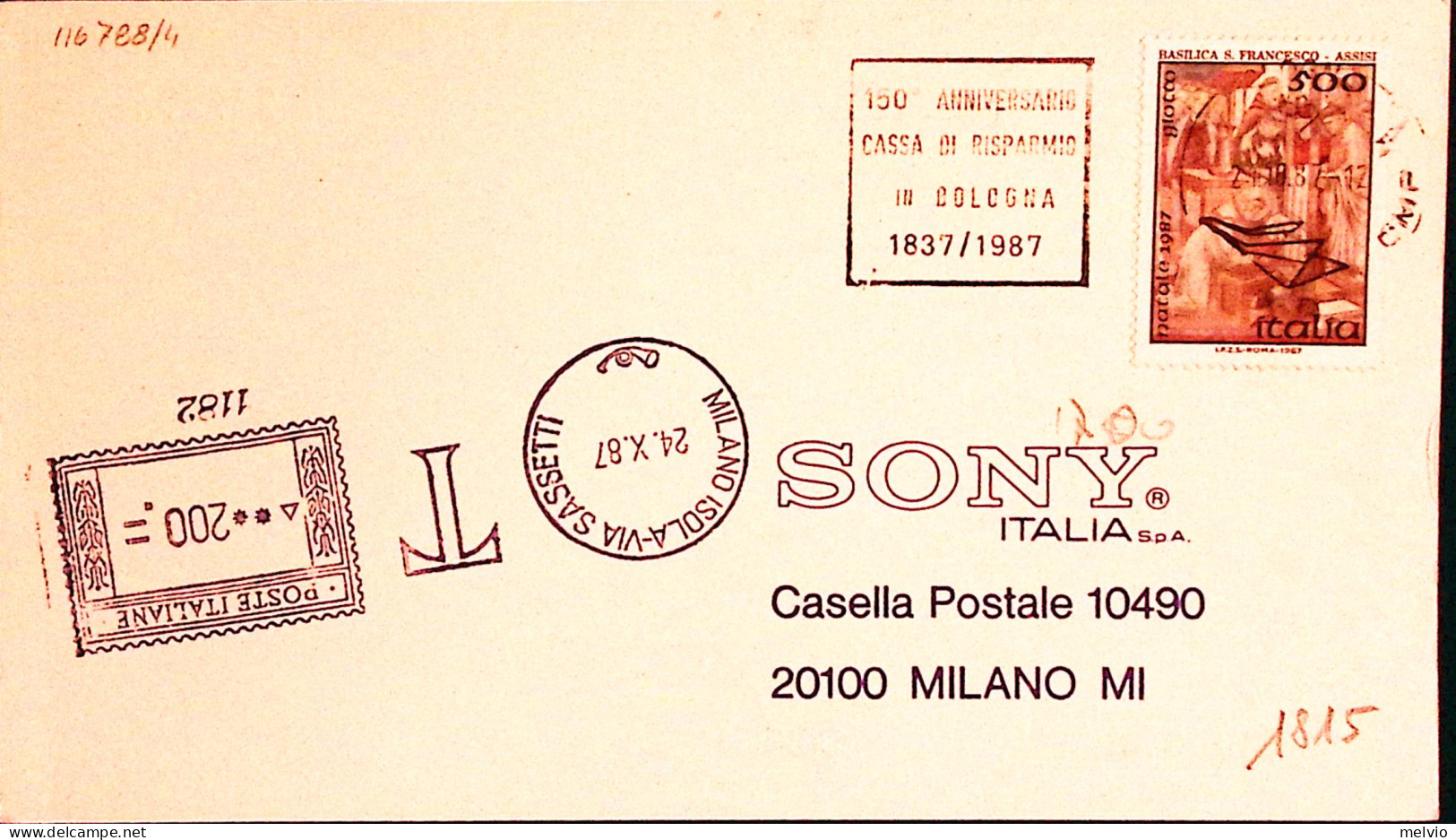 1987-TASSAZIONE MECCANICA Lire 200 Apposto A Milano (24.10) Su Cartolina Formato - 1981-90: Marcophilie