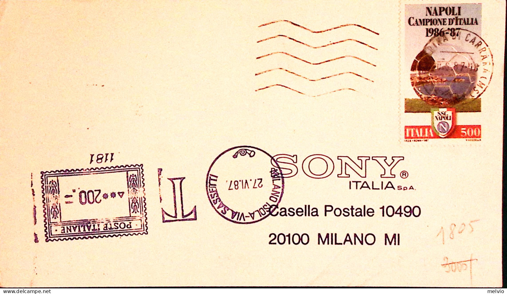 1987-TASSAZIONE MECCANICA Lire 200 Apposto A Milano (2.6) Su Cartolina Formato N - 1981-90: Marcophilie