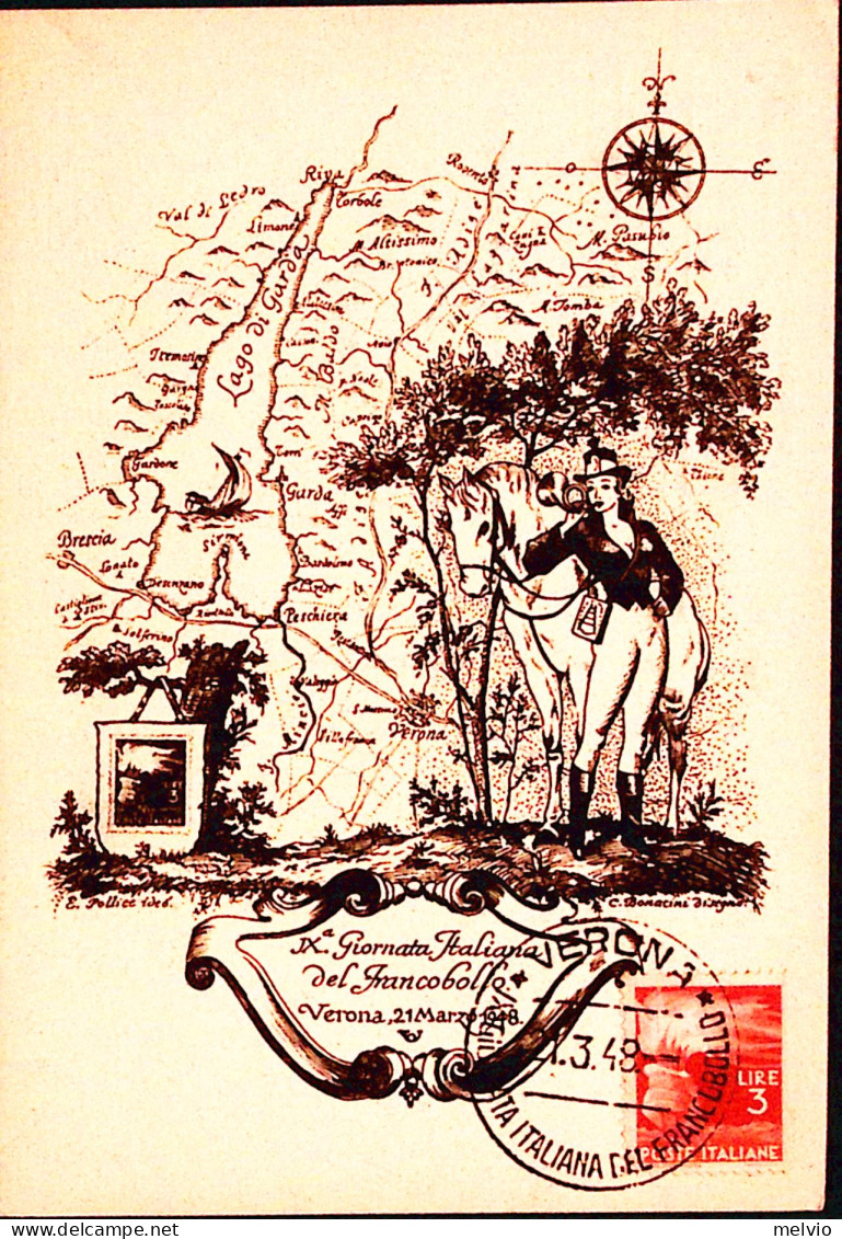 1948-VERONA IX Giornata Italiana Del Francobollo (21.3)annullo Speciale Su Carto - Exhibitions