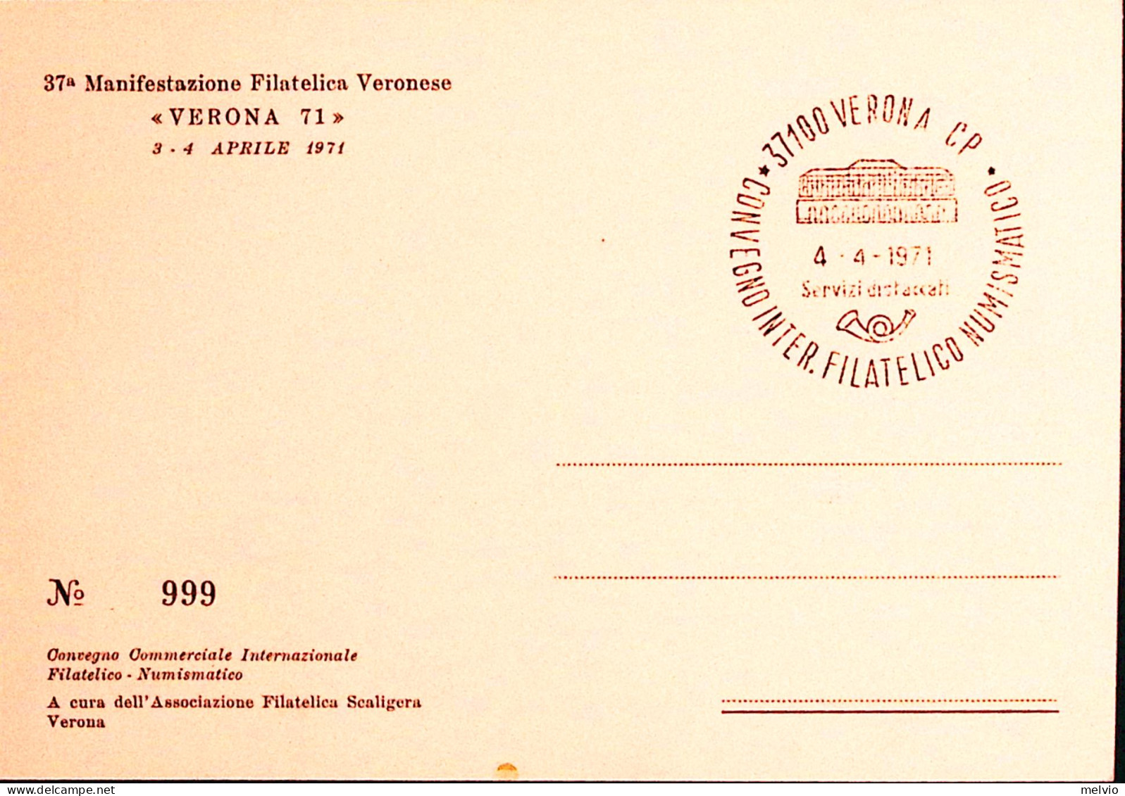 1971-VERONA Convegno Internazionale Filatelico Numismatico (4.4) Annullo Special - 1971-80: Marcophilie