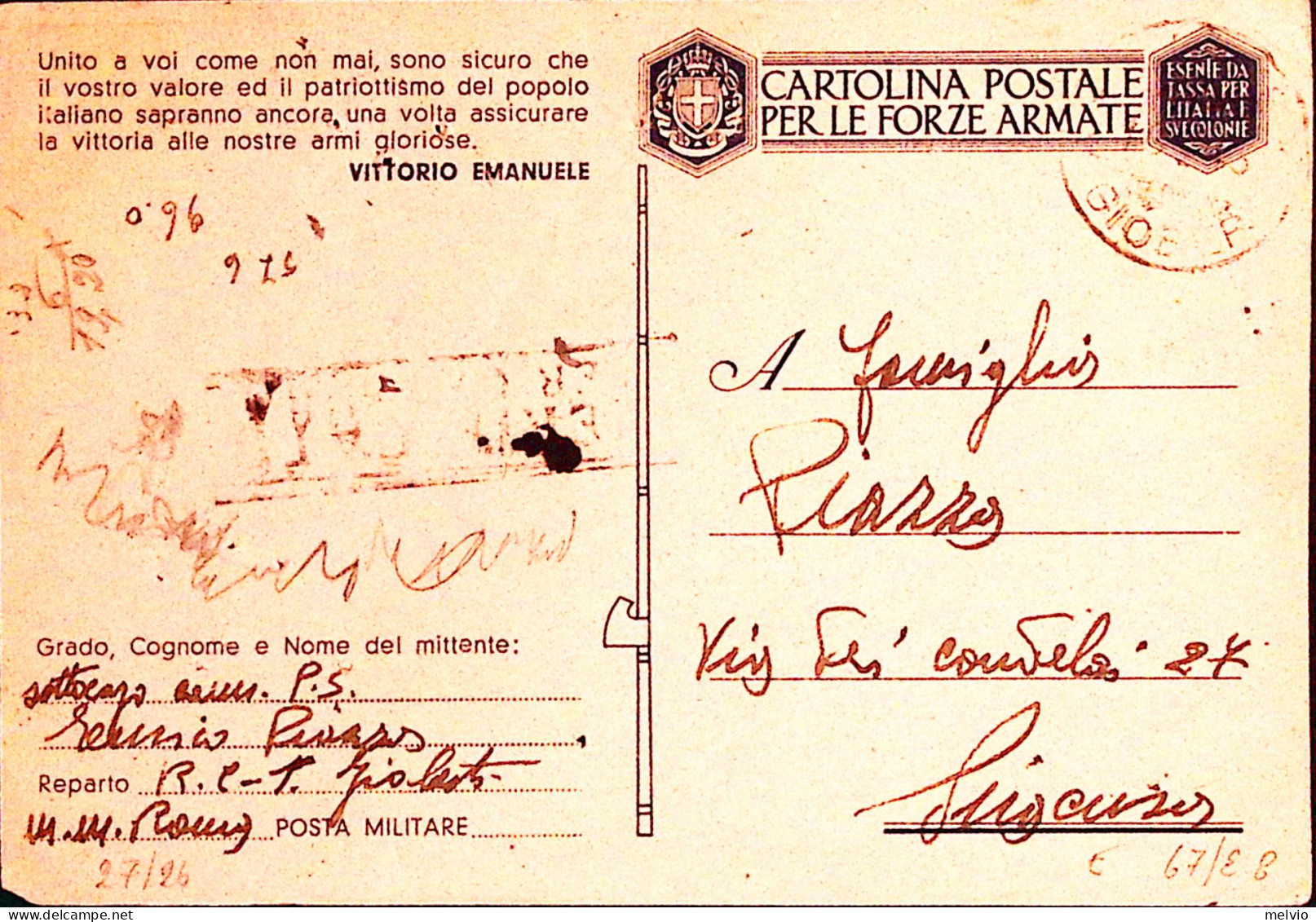 1943-R.N./GIOBERTI C.2 (15.2) E Manoscritto Su Cartolina Franchigia Fori Di Spil - Marcophilie