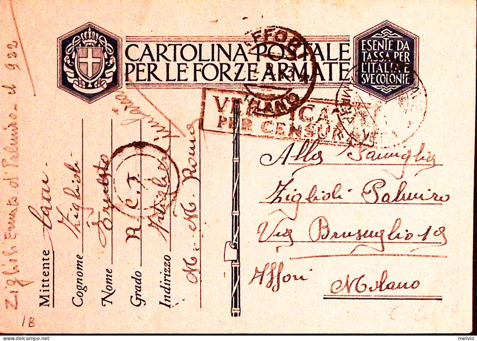 1943-R.N./CAMICIA NERA C.2 (28.9) E Manoscritto RCI Artigliere Su Cartolina Fran - Marcophilie