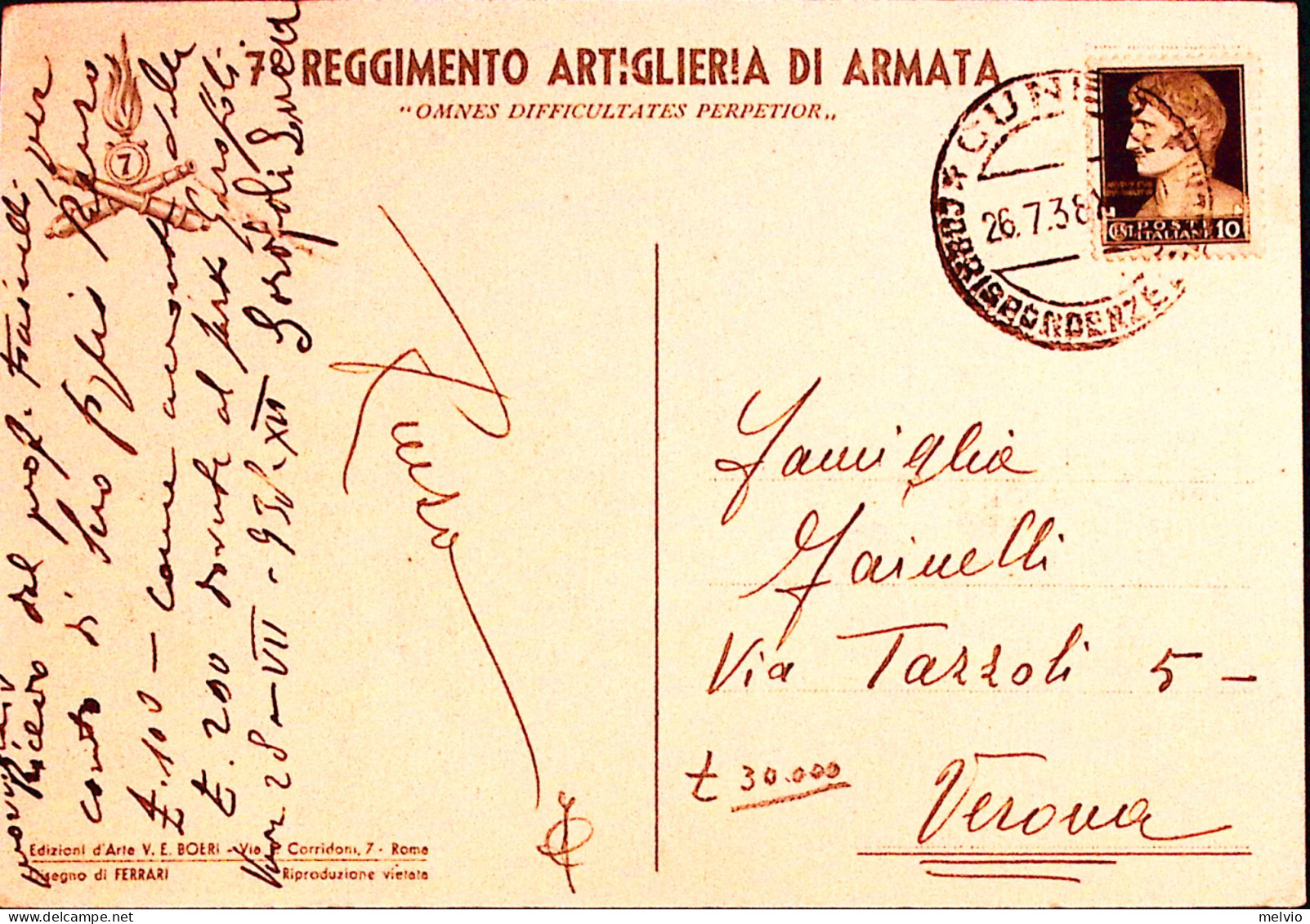 1938-7 RGT. ARTIGLIERIA ARMATA Viaggiata Cuneo (26.7) Strappo Al Centro - Patriotic