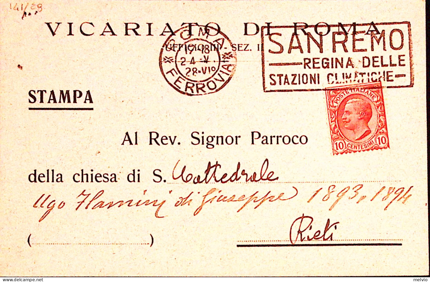 1928-ROMA C.2 (24.5) + Sanremo.stazioni Climatiche Annullo A Targhetta Su Cartol - Marcophilie