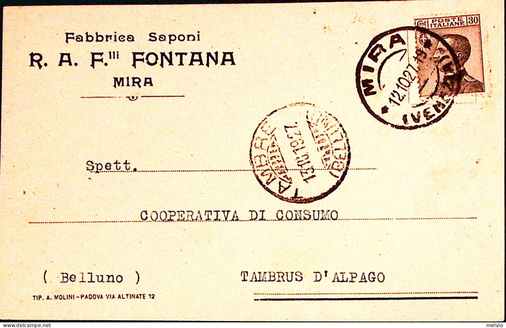 1927-MIRA R.A. Flli Fontana Cartolina Con Testatina Viaggiata - Venezia
