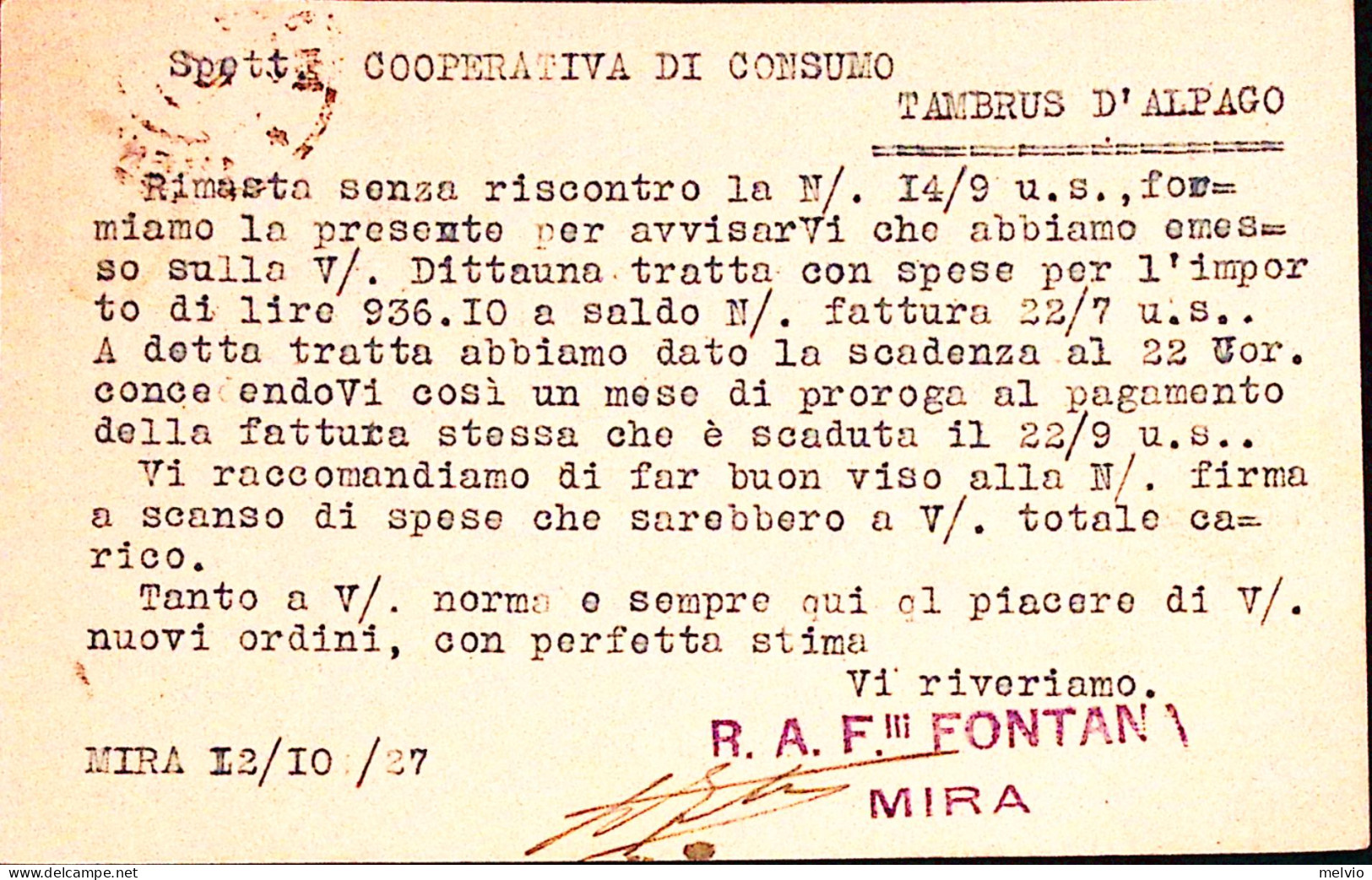 1927-MIRA R.A. Flli Fontana Cartolina Con Testatina Viaggiata - Venezia