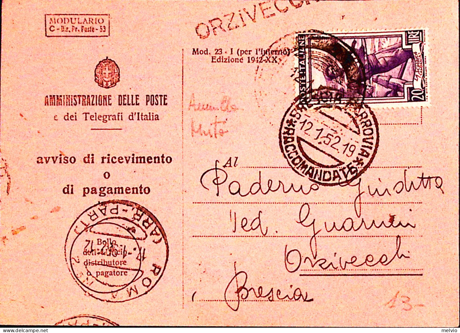 1952-ORZIVECCHI MUTO (12.1)+LINEARE Su Avviso Ricevimento - 1946-60: Marcophilie