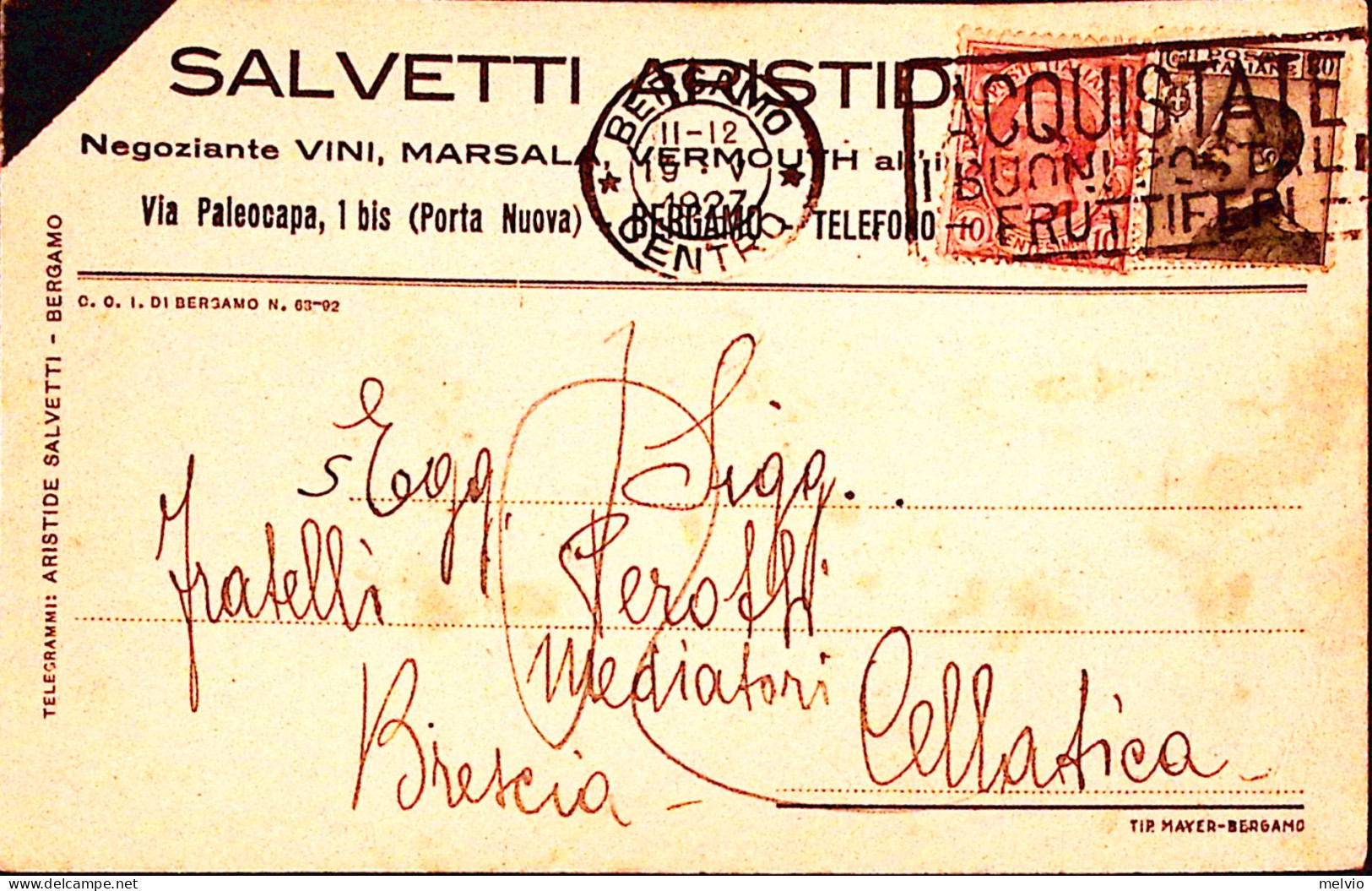 1927-BERGAMO Salvetti Aristide Cartolina Con Testatina Viaggiata - Poststempel