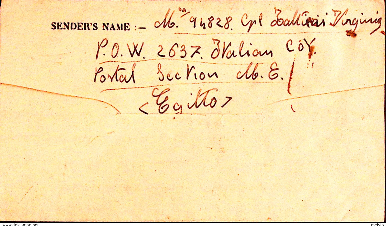 1945-POW CAMP Italian Coy 2637 Biglietto Franchigia Da Prigioniero Di Guerra Ita - Poststempel