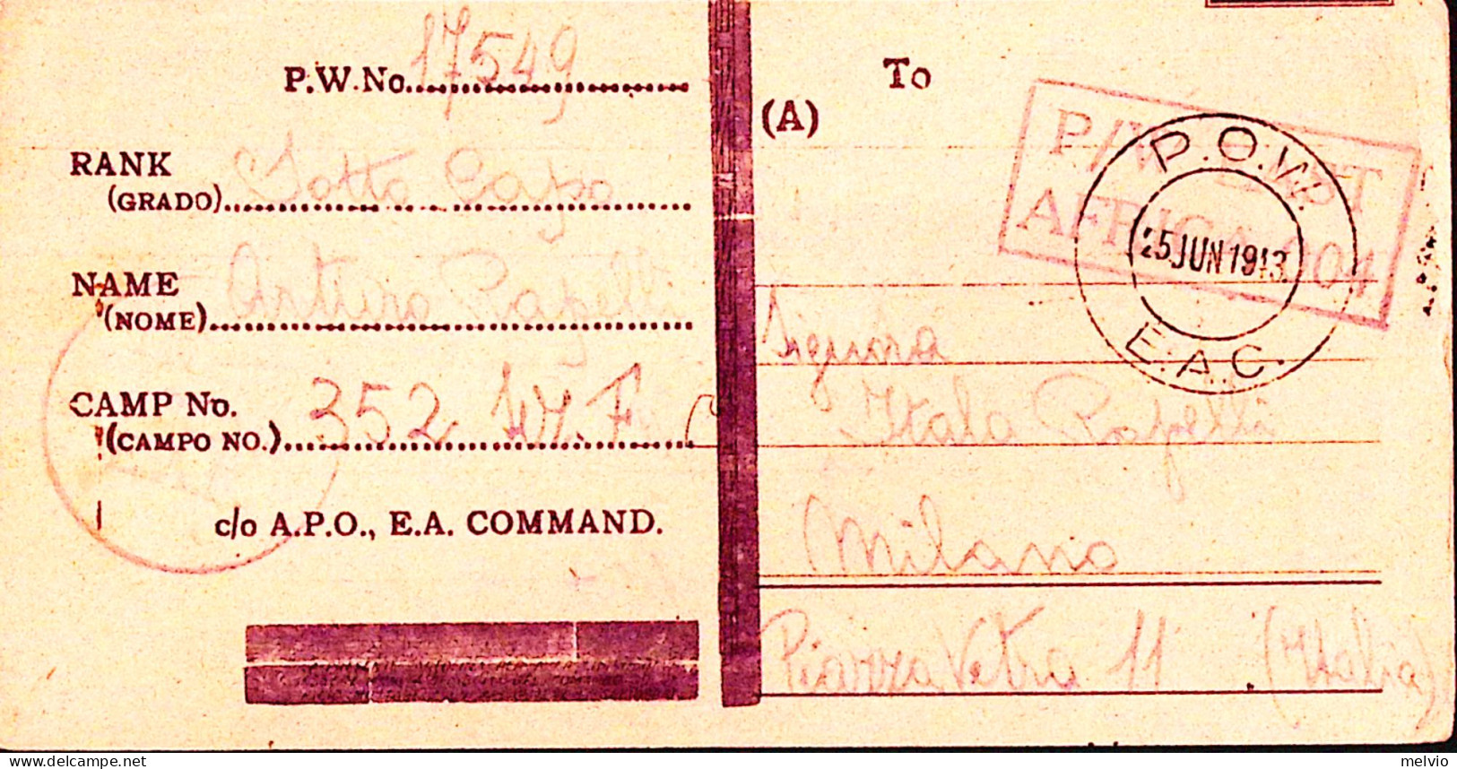 1943-POW CAMP 352 Su Cartolina Franchigia (decapitata) Da Prigioniero Di Guerra  - Poststempel