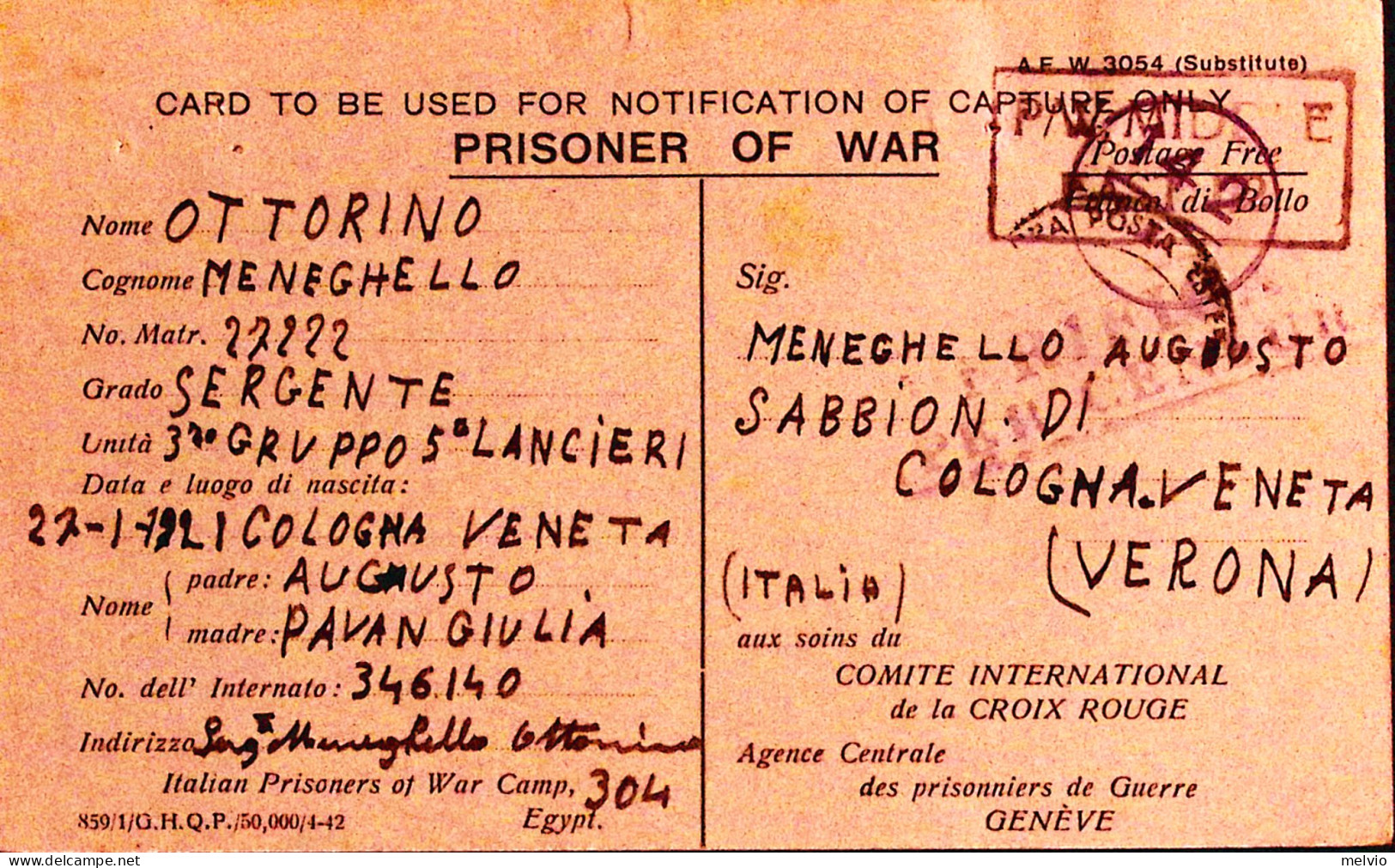 1942-POW CAMP 304 Cartolina Franchigia Da Prigioniero Di Guerra Italiano In Afri - Poststempel