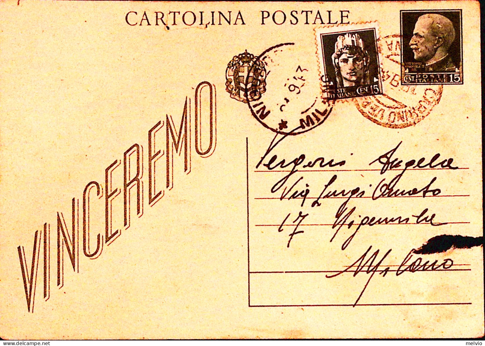 1943-Cartolina Postale Vinceremo C.15 Con Francobollo Aggiunto Segnalazione Di T - Poststempel