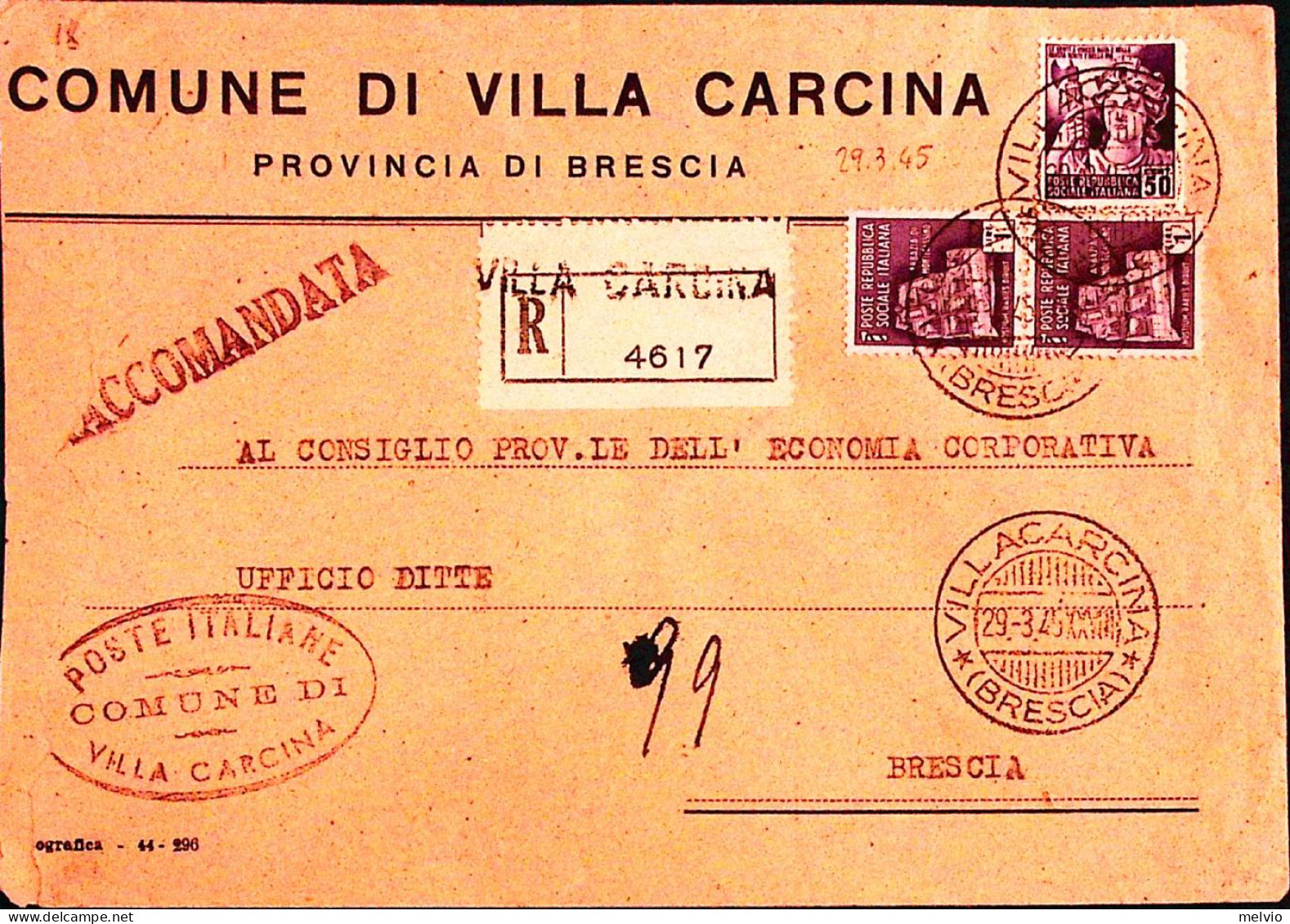 1945-Monumenti C.5 E Coppia Lire 1 Su Raccomandata Villa Carcina (29.3) - Marcofilía