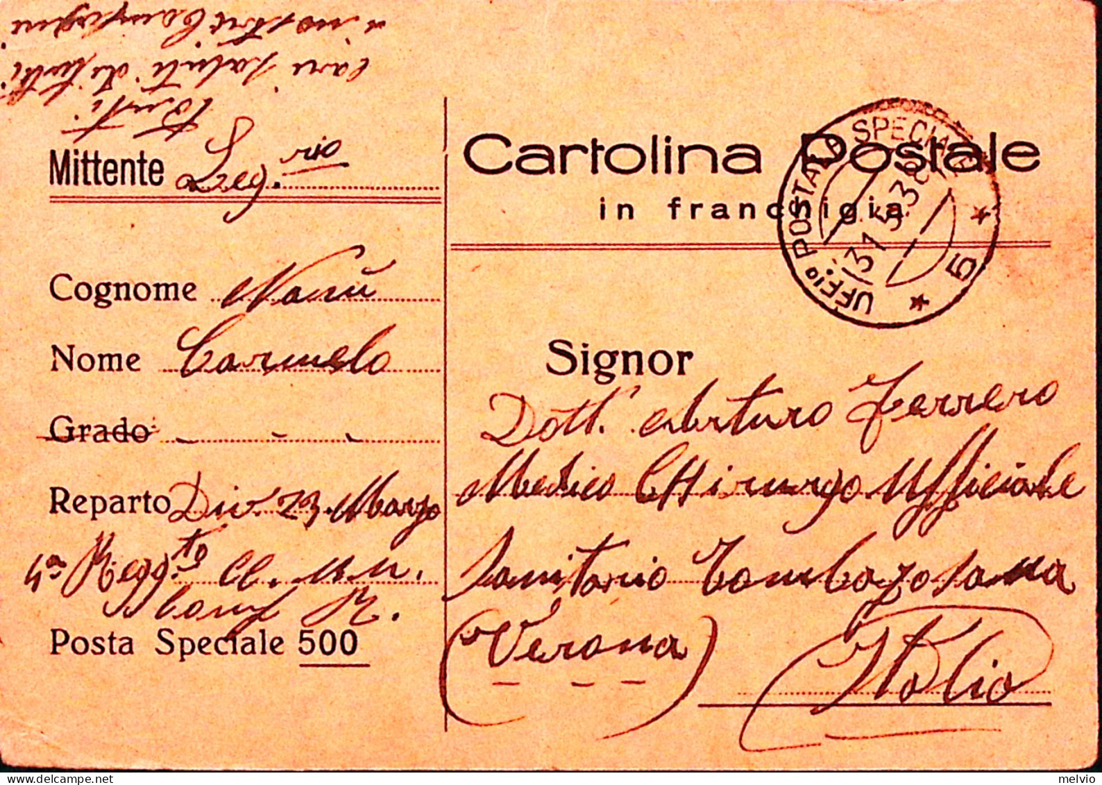 1938-UFF POSTALE SPECIALE/ 5 C.2 (31.5) Su Cartolina Franchigia (Cerruto/Colla ) - Marcophilie