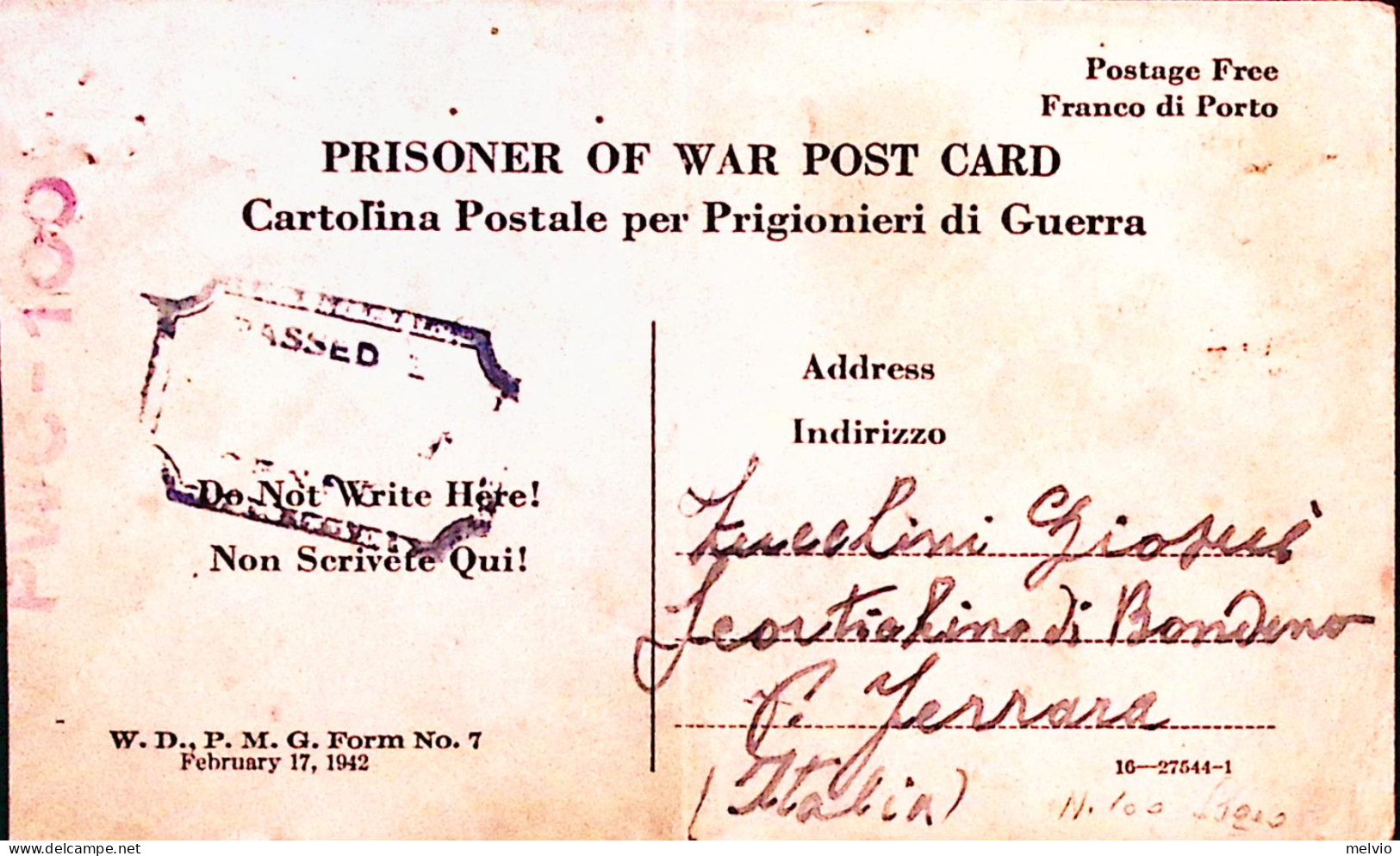 1943-POW CAMP 100 Cartolina Franchigia Cattura Prigioniero Di Guerra Italiano In - Poststempel
