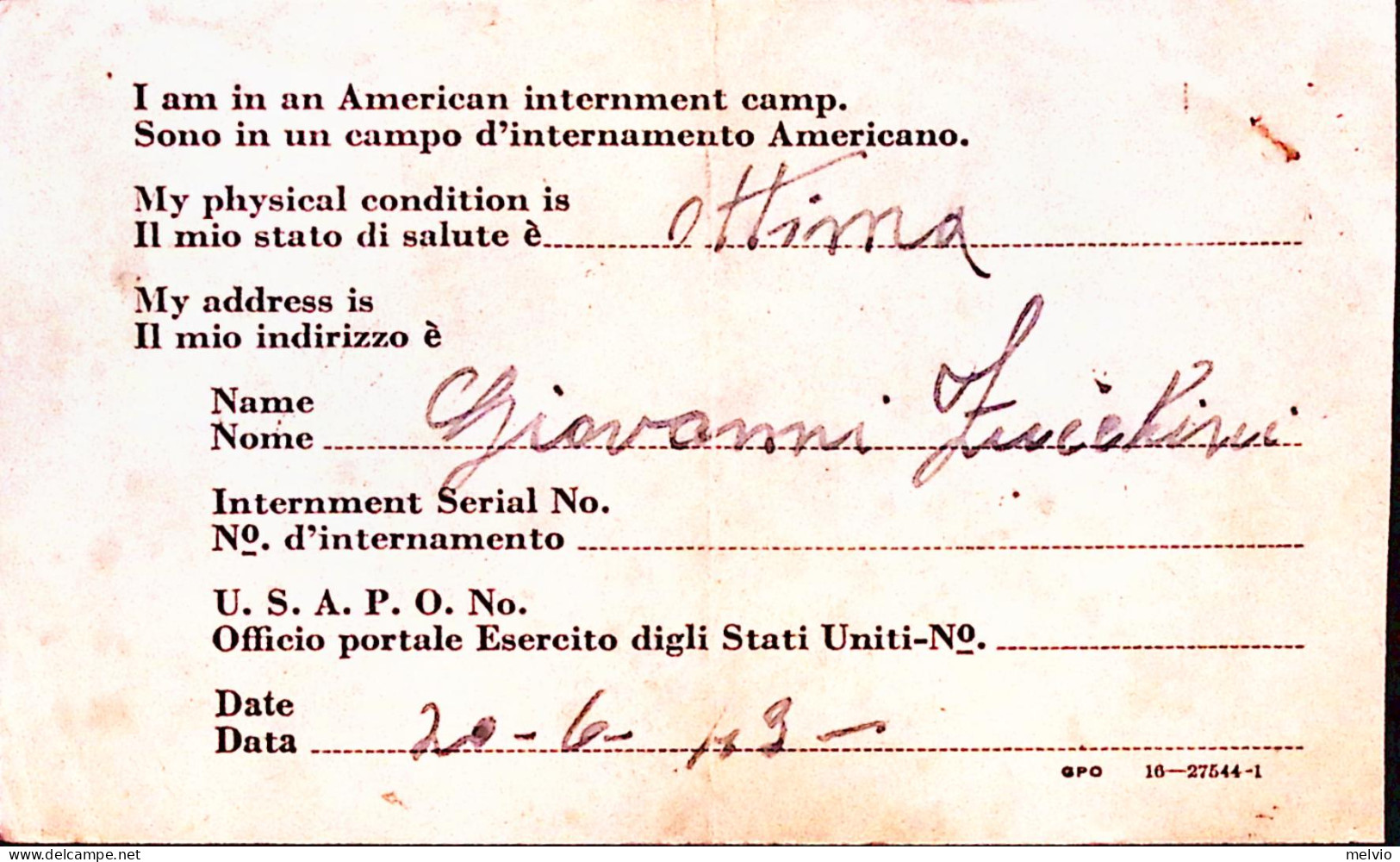 1943-POW CAMP 100 Cartolina Franchigia Cattura Prigioniero Di Guerra Italiano In - Marcophilie