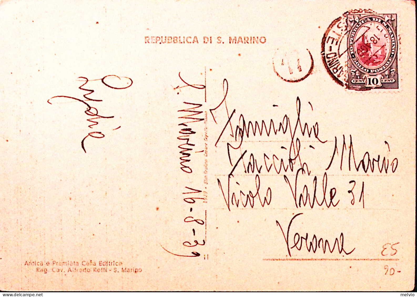 1939-SAN MARINO La Terza Torre Viaggiata Affr. Soggetti Vari C.10 - Lettres & Documents