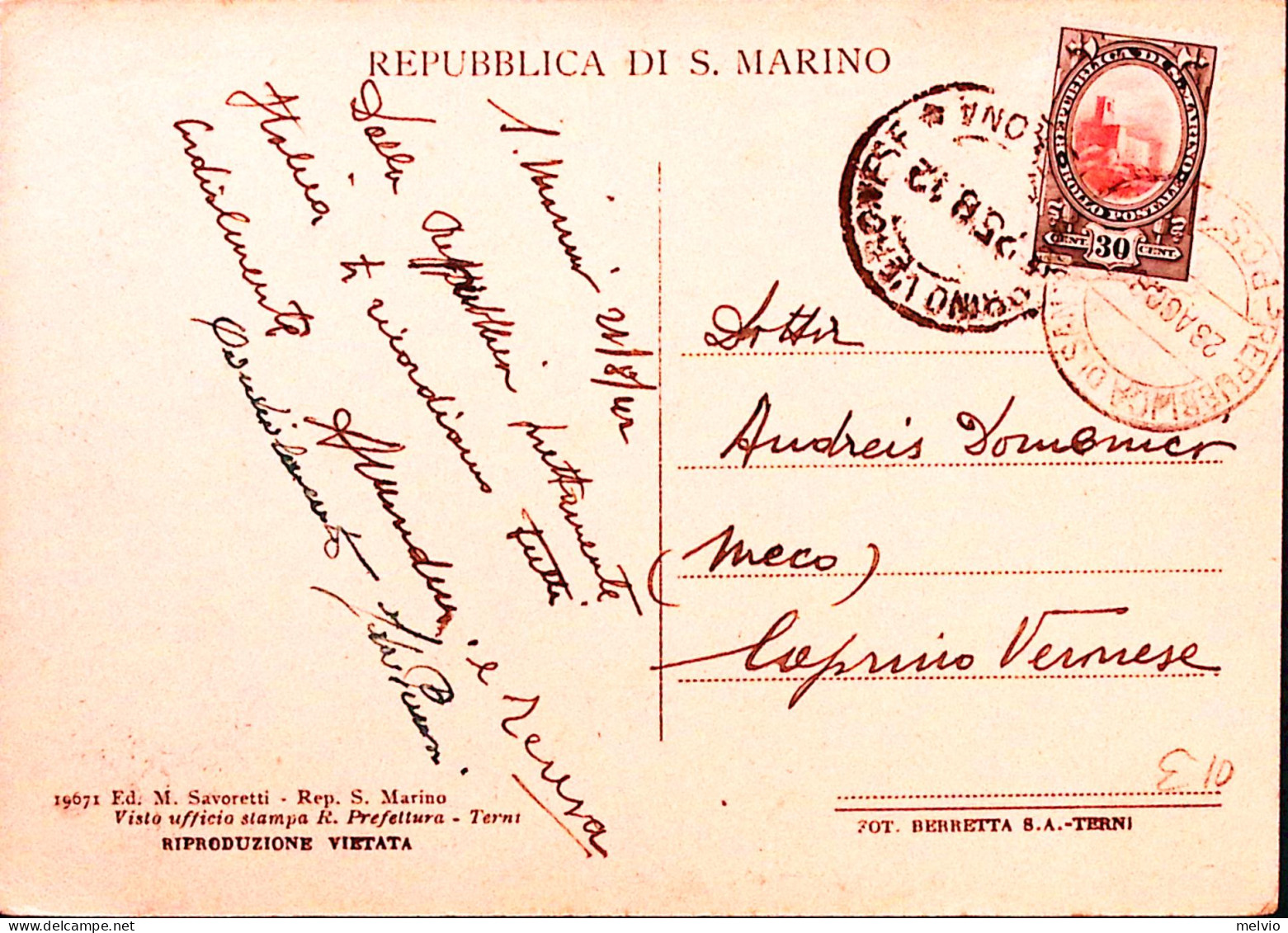 1942-SAN MARINO La Seconda Torre Viaggiata Affr. Soggetti Vari C.30 - Cartas & Documentos