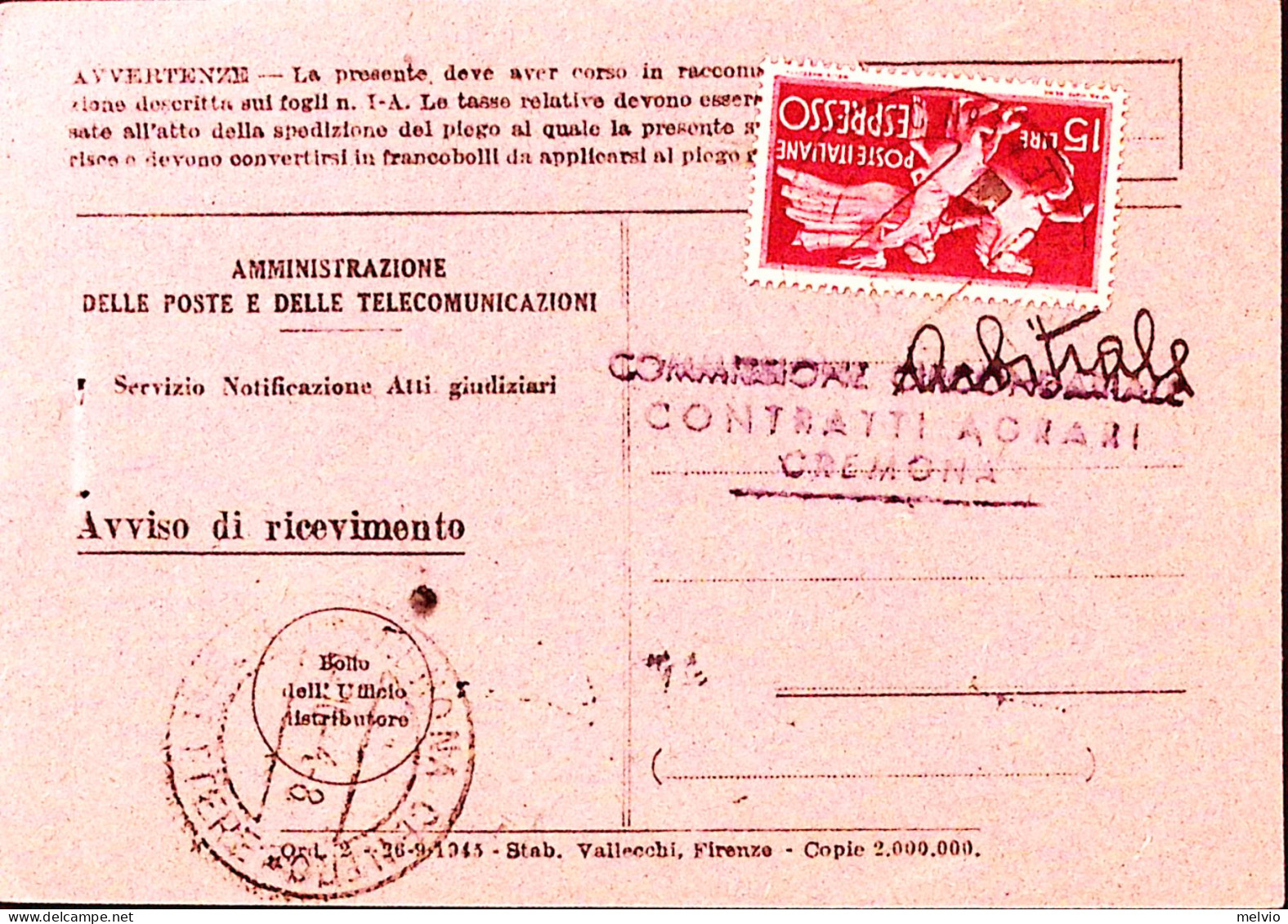 1948-Espresso Lire 15 Isolato Su Avviso Ricevimento Cremona (30.10) - 1946-60: Marcophilie