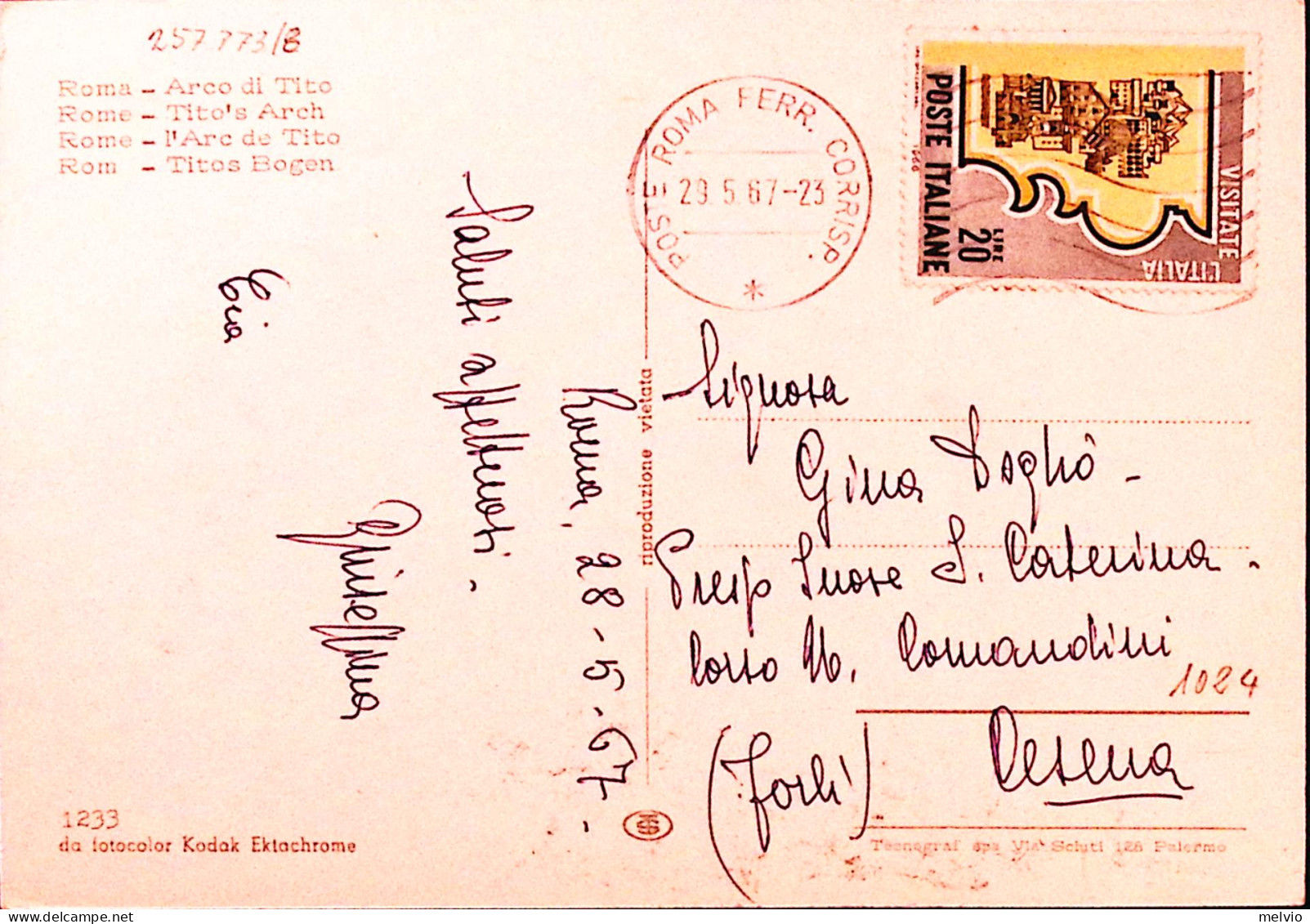 1966-ROMA Arco Di Tito Viaggiata Affrancata Turismo Lire 20 - Autres & Non Classés