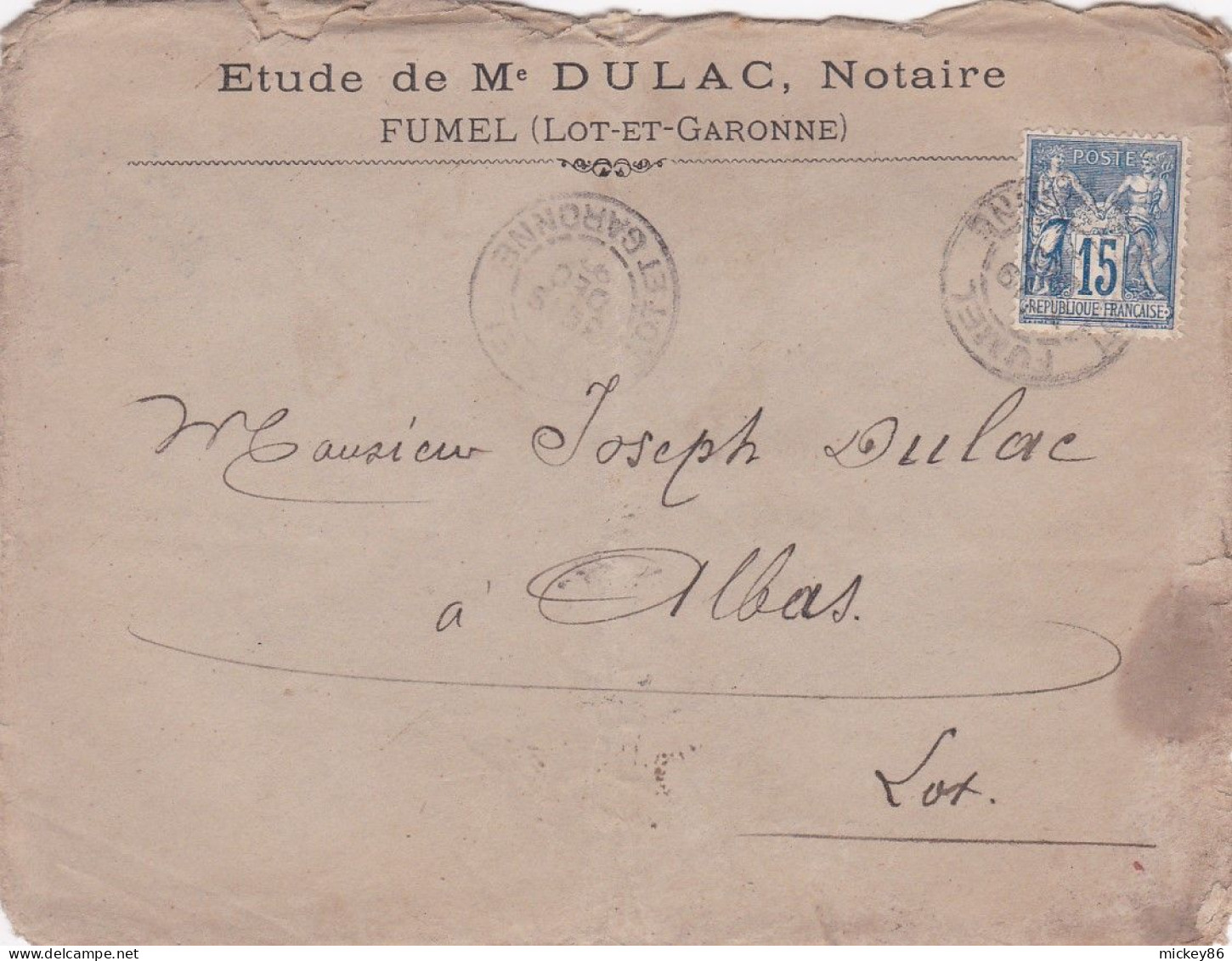 1897--lettre FUMEL-47 à  ALBAS-46 ,type SAGE ,cachet 19-12-97--Pub Etude De Me DULAC..Beaux Cachets Au Verso - 1877-1920: Periodo Semi Moderno