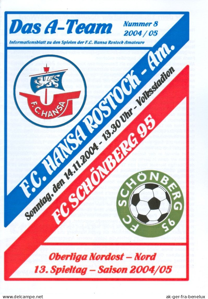 Fußball-Programm PRG Hansa Rostock Amateure / II - FC Schönberg 95 14.11. 2004 TSG NOFV Oberliga Mecklenburg-Vorpommern - Programme