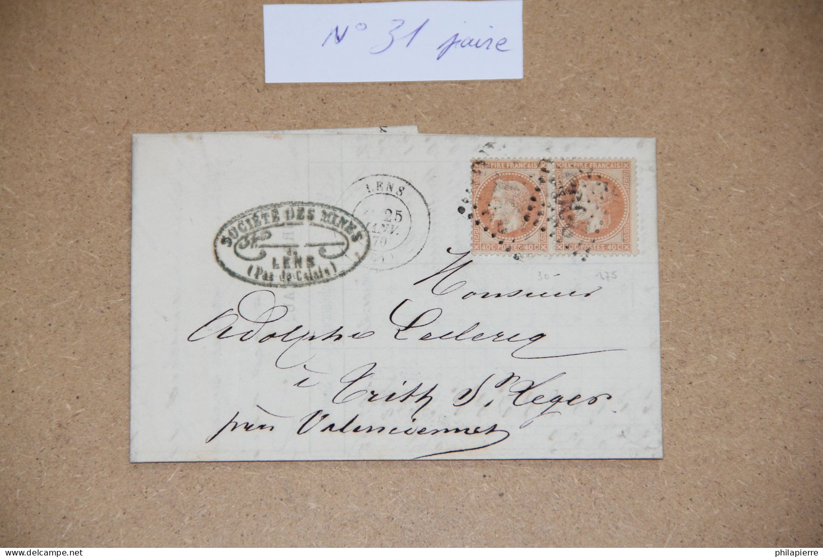 Lettre De France, Paire De Timbres Oblitérés N°31, 25 Janvier 1870, Lenspour Thrith - 1849-1876: Classic Period