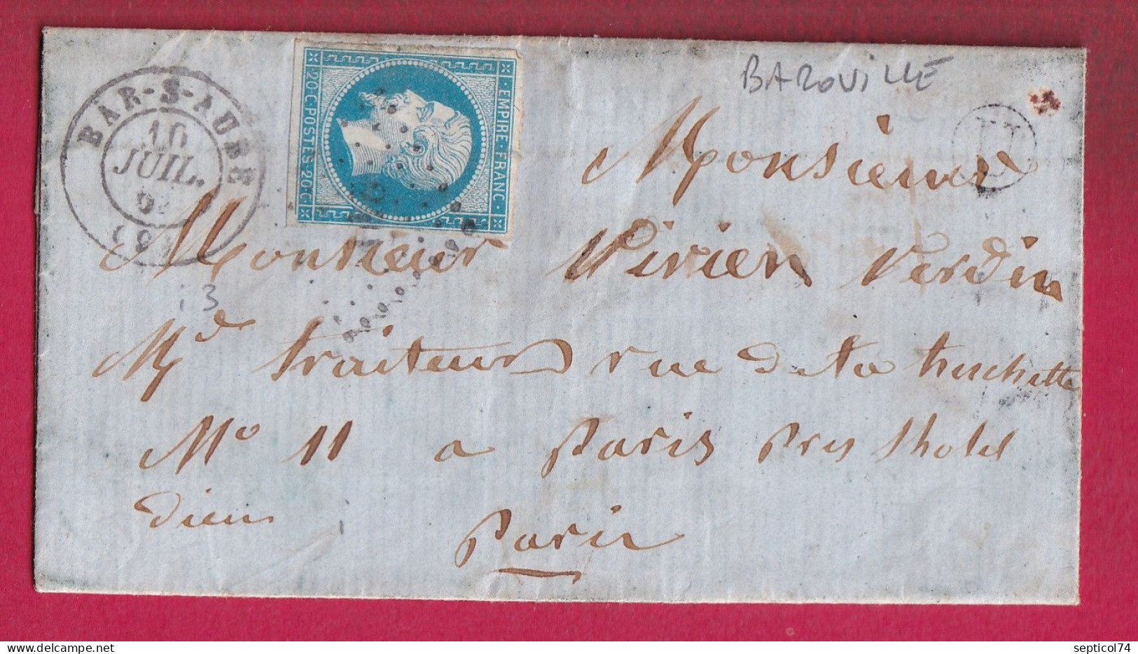 N°14 PC 249 BAR SUR AUBE BOITE RURALE U BAROVILLE POUR PARIS LETTRE - 1849-1876: Periodo Classico