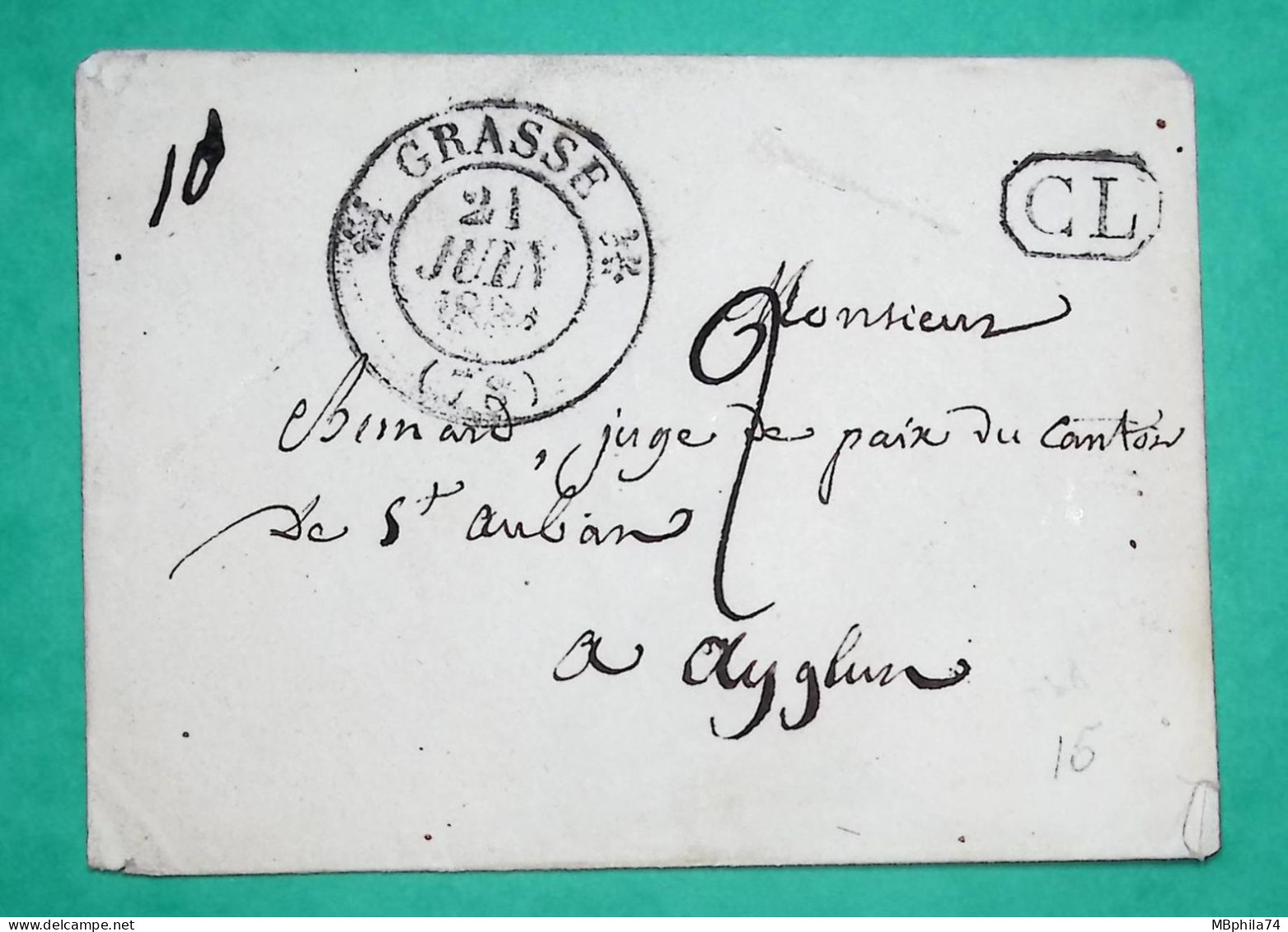 CAD TYPE 12 GRASSE ALPES MARITIMES CL CORRESPONDANCE LOCALE TAXE 2 DOUBLE PORT POUR AIGLUN 1834 LETTRE COVER FRANCE - 1801-1848: Precursori XIX