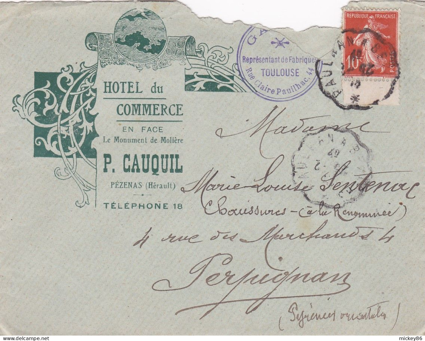 Lettre PEZENAS-34 à PERPIGNAN-66 ,type Semeuse ,cachet - Pub"Hôtel Du Commerce" P.Cauquil - 1877-1920: Periodo Semi Moderno