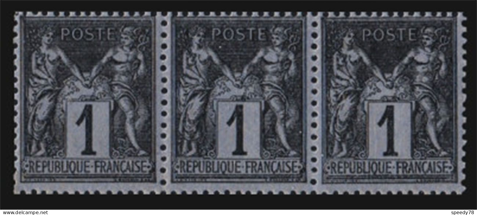 Bande De 3 X Timbres SAGE N°83a Type I Ardoise Sur Bleu Neuf** Impression Légèrement Visible Au Verso - 1876-1878 Sage (Type I)