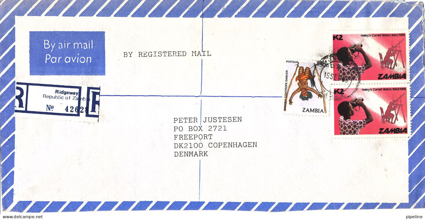 Zambia Registered Air Mail Cover Sent To Denmark Lusaka 22-2-1986 Topic Stamps (from The Embassy Of Egypt Lusaka) - Zambie (1965-...)