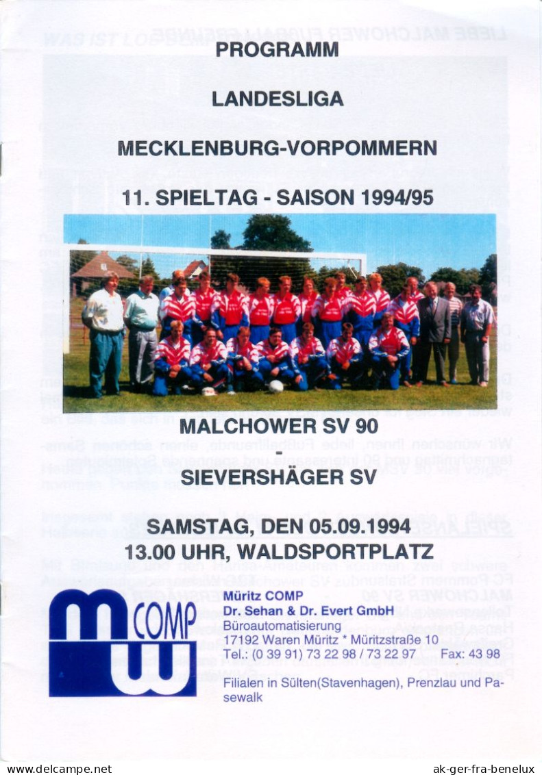 Fußball-Programm PRG Malchower SV 90 Vs Sievershäger SV 5. 9. 1994 Lambrechtshagen-Sievershagen Neubrandenburg Traktor - Programmi