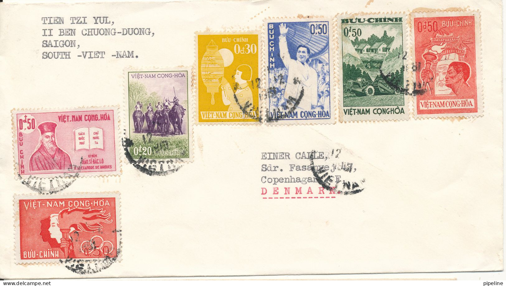 Vietnam Cover Sent To Denmark 1961 With A Lot Of Stamps - Viêt-Nam