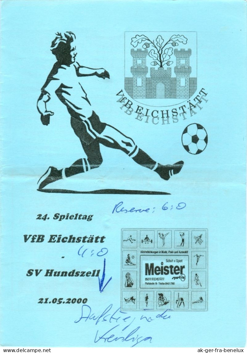 Fußball-Programm PRG VfB Eichstätt Vs SV Ingolstadt-Hundszell 1971 21. 5. 2000 Altmühltal Südwest Südliche Frankenalb - Programmes