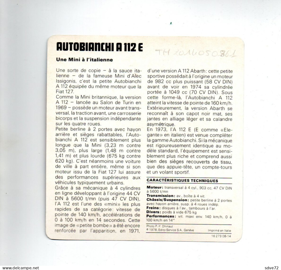 FICHE AUTOMOBILE - AUTOBIANCHI A 112 E - Voitures