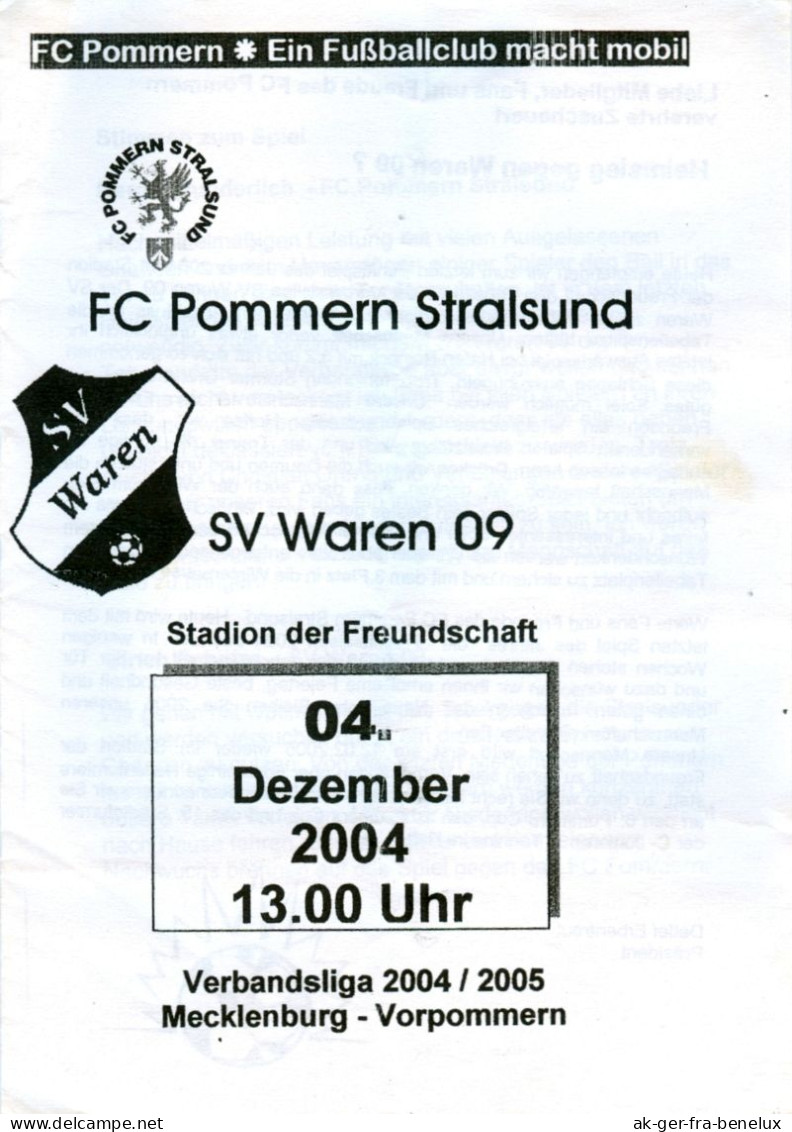 Fußball-Programm PRG FC Pommern Stralsund Vs SV Waren 09 (Müritz) 4. 12. 2004 Anker BSG Motor Aktivist Anker Rethwisch - Programme