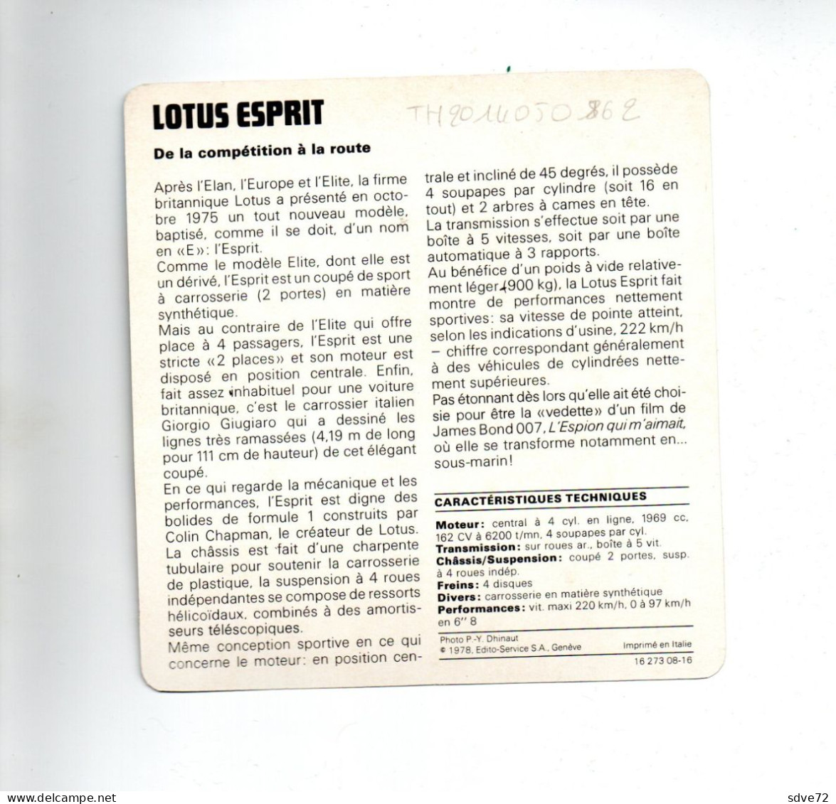 FICHE AUTOMOBILE - LOTUS ESPRIT - Cars