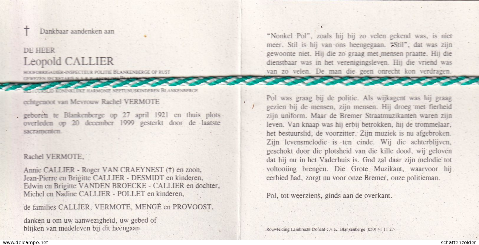 Leopold Callier-Vermote, Blankenberge 1921, 1999. Foto Hoofdbrigadier Inspecteur Politie Blankenberge O.r. - Obituary Notices