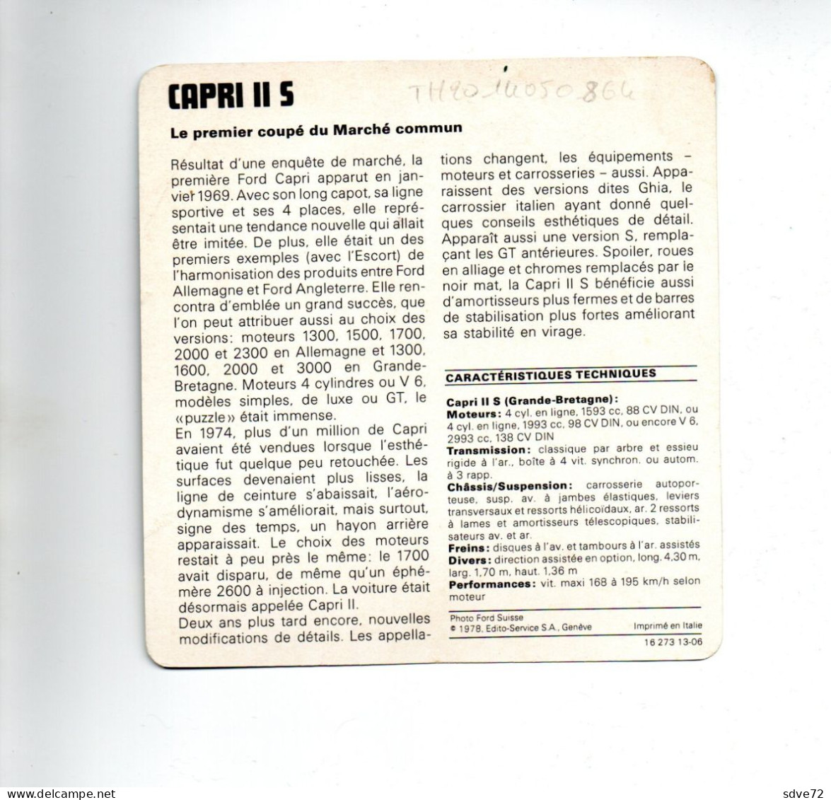 FICHE AUTOMOBILE - CAPRI II S - Auto's