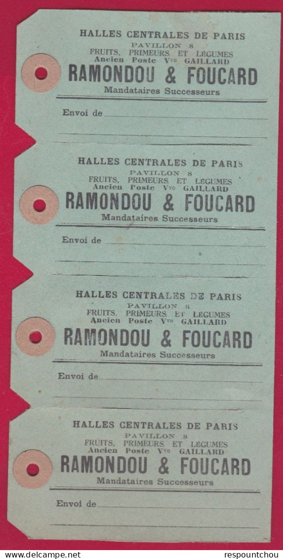 Lot De 4 étiquettes Colis Halles Centrales De Paris Pavillon 8 Primeur RAMONDOU Et FOUCARD - Alimentare