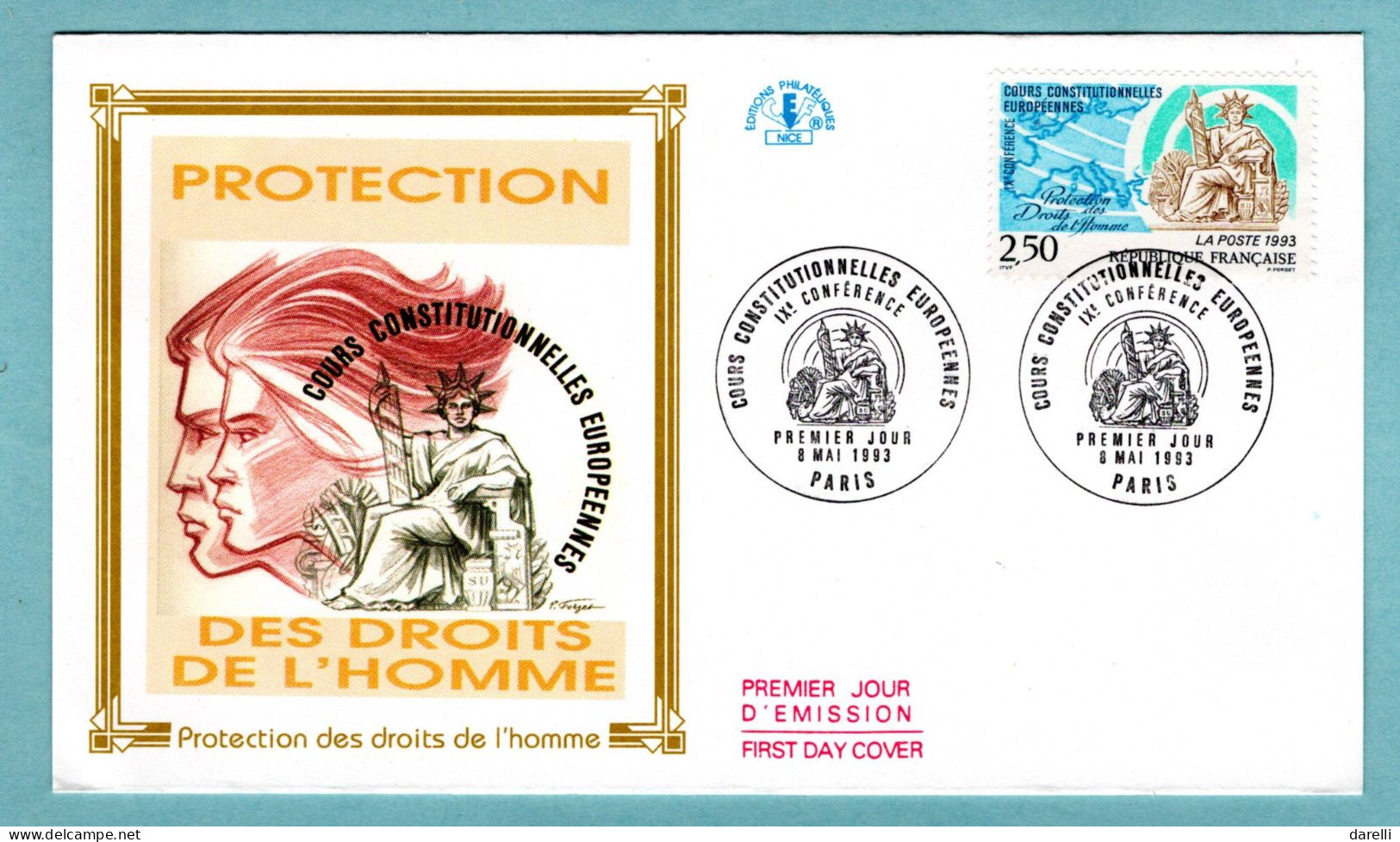 FDC France 1993 - Cours Constitutionnelles Européennes - Protection Des Droits De L'homme - YT 2808- Paris - 1990-1999