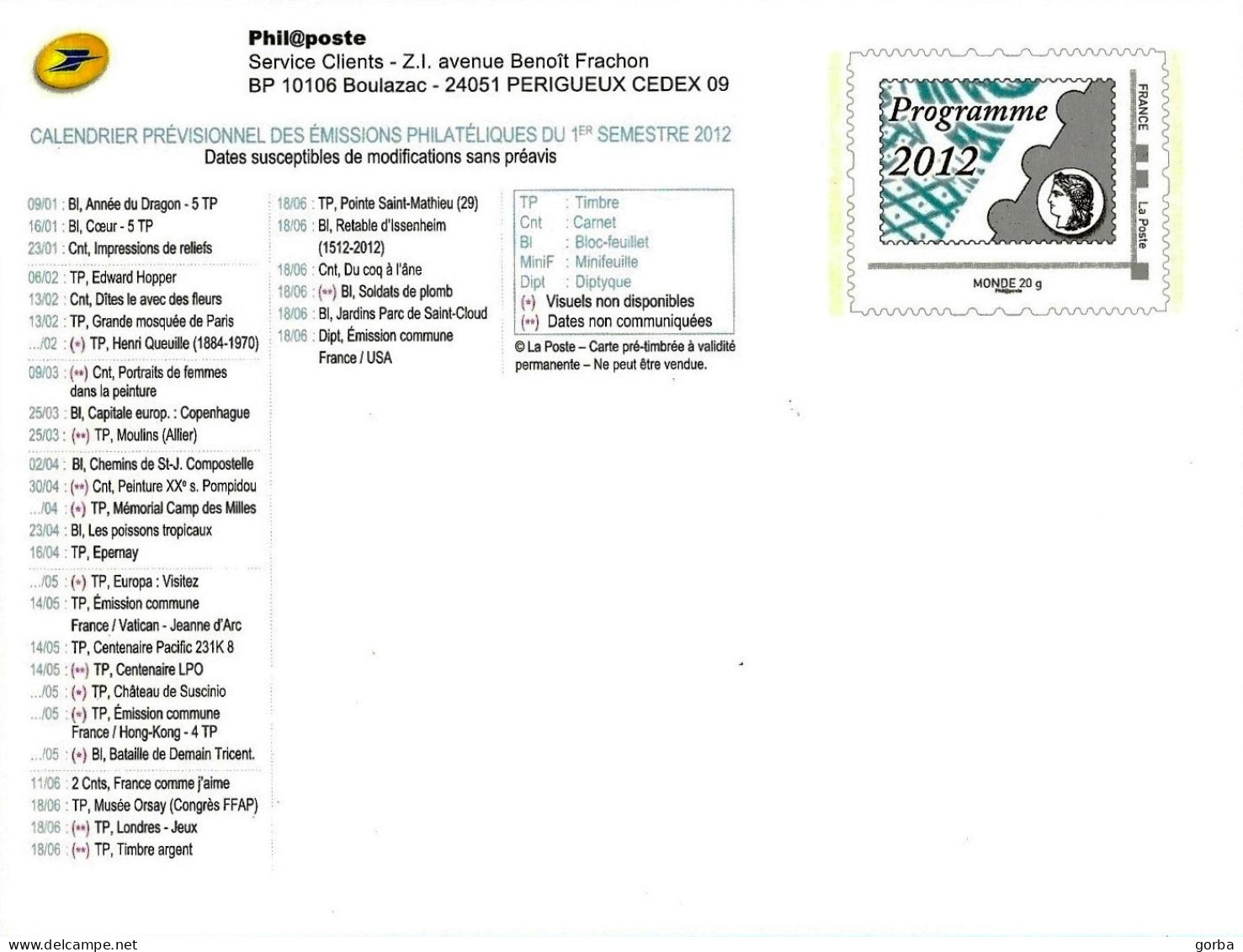 *Carte Entier Postal Monde 20g Programme Philatélique 2012 - Le 1ér Semestre. - Pseudo-interi Di Produzione Ufficiale