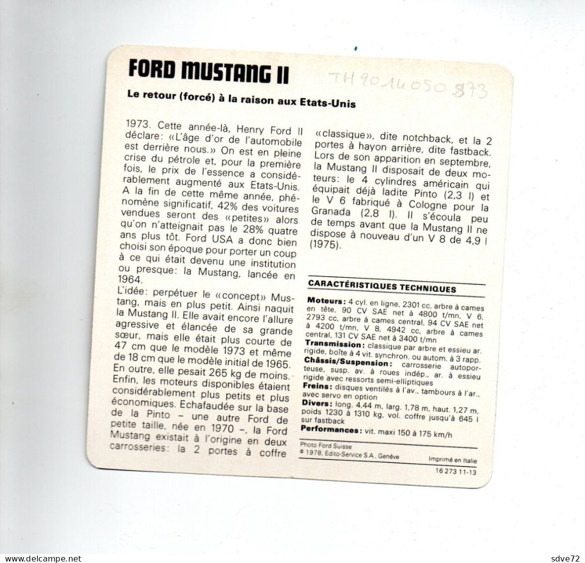 FICHE AUTOMOBILE - FORD MUSTANG II - Auto's